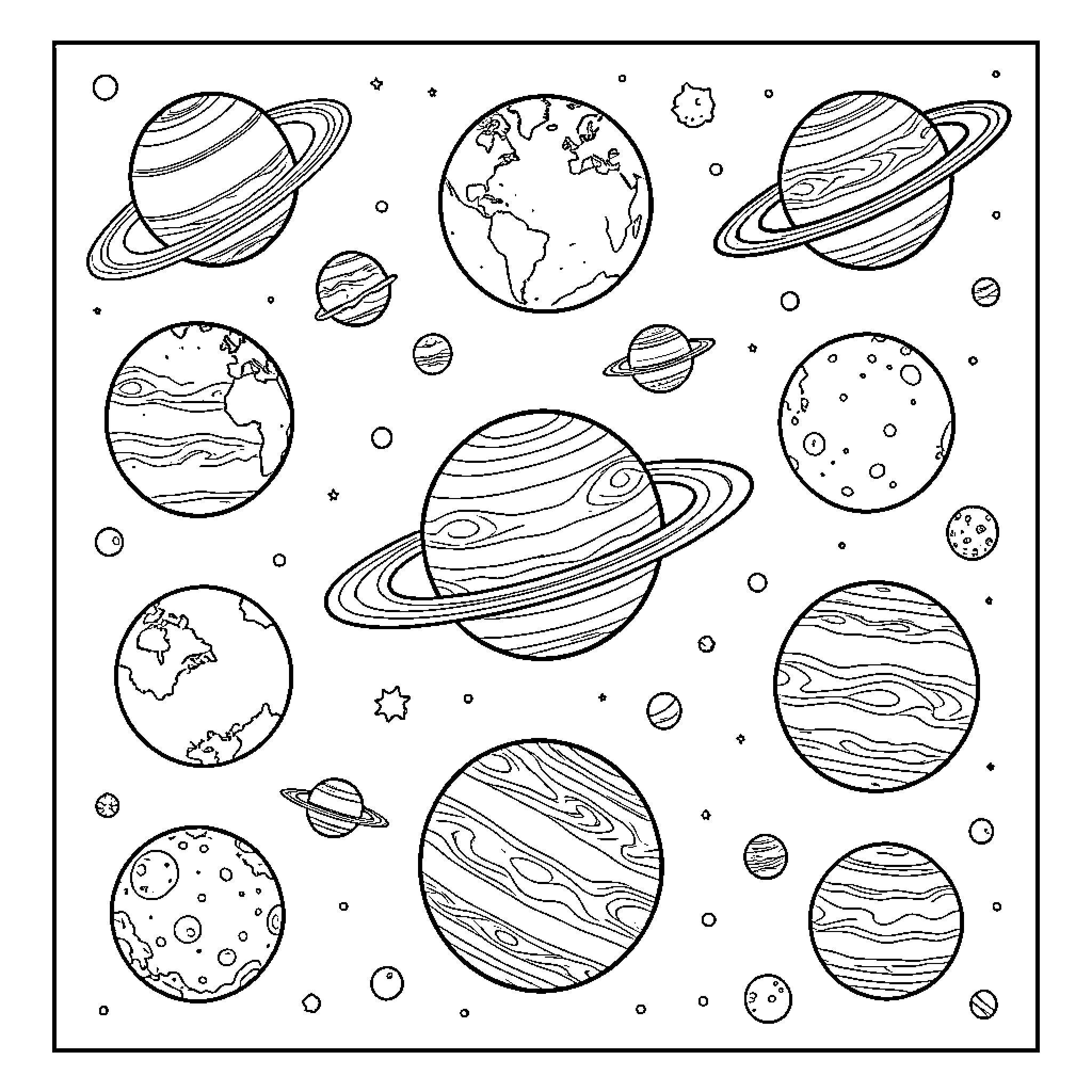 Planet collection floating in a vast space scene Coloring Page (free black-and-white line drawing printable PDF for all, from beginners to advanced learners, including children, teens, adults, and seniors)
