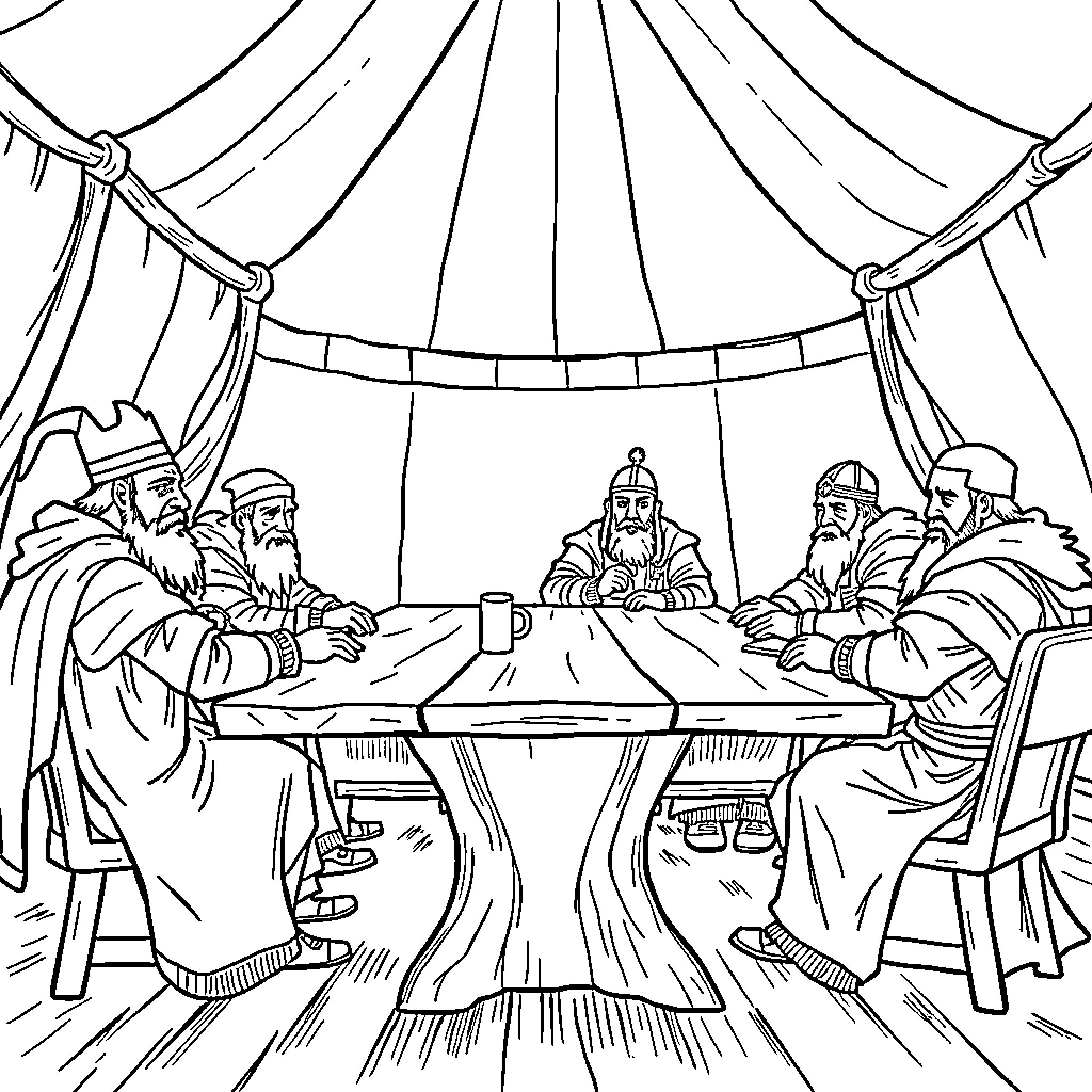 Baron's Council Meeting in the Ornate Tent Coloring Page (free black-and-white line drawing printable PDF for all, from beginners to advanced learners, including children, teens, adults, and seniors)