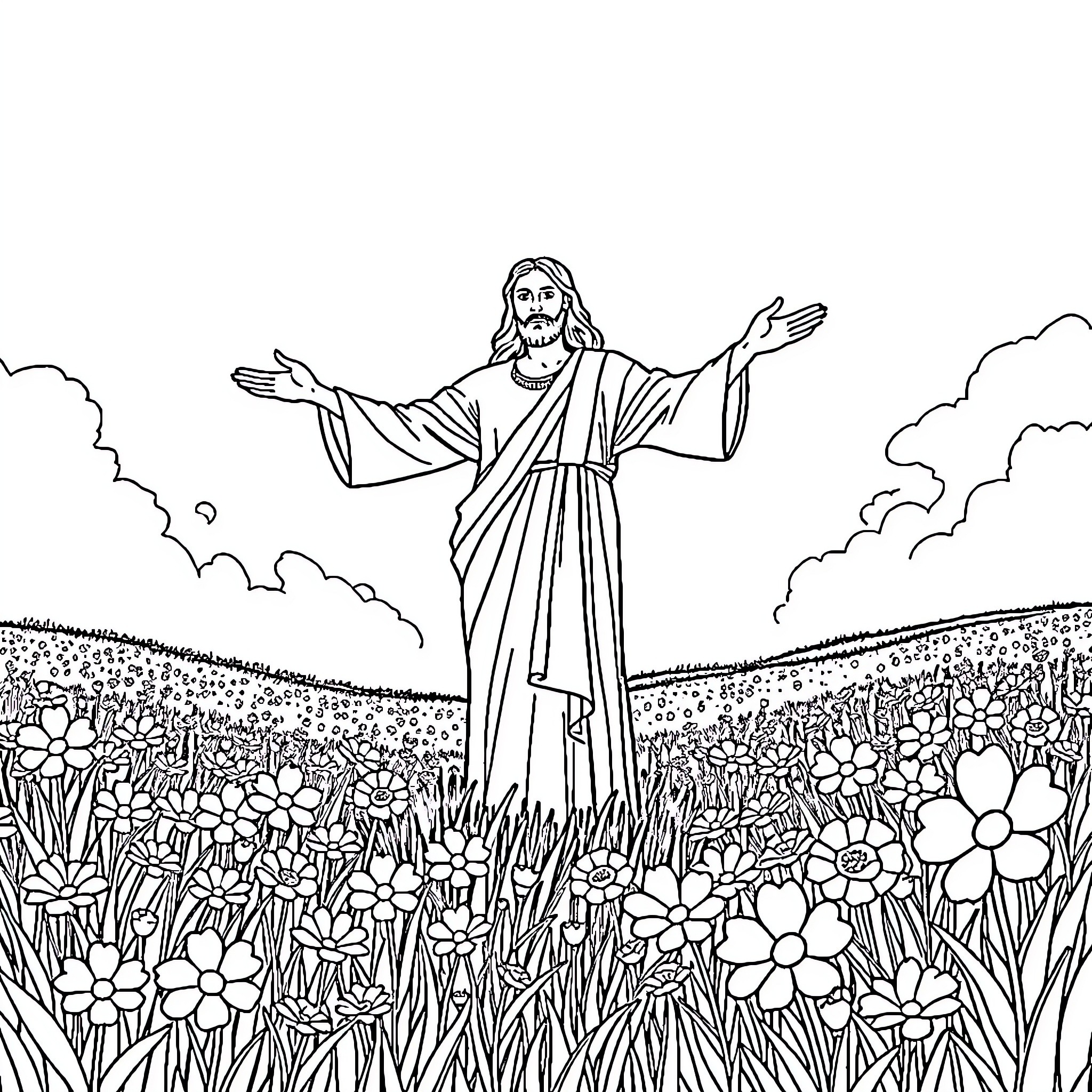 Jesus standing in a field of flowers with open arms Coloring Page (free black-and-white line drawing printable PDF for all, from beginners to advanced learners, including children, teens, adults, and seniors)