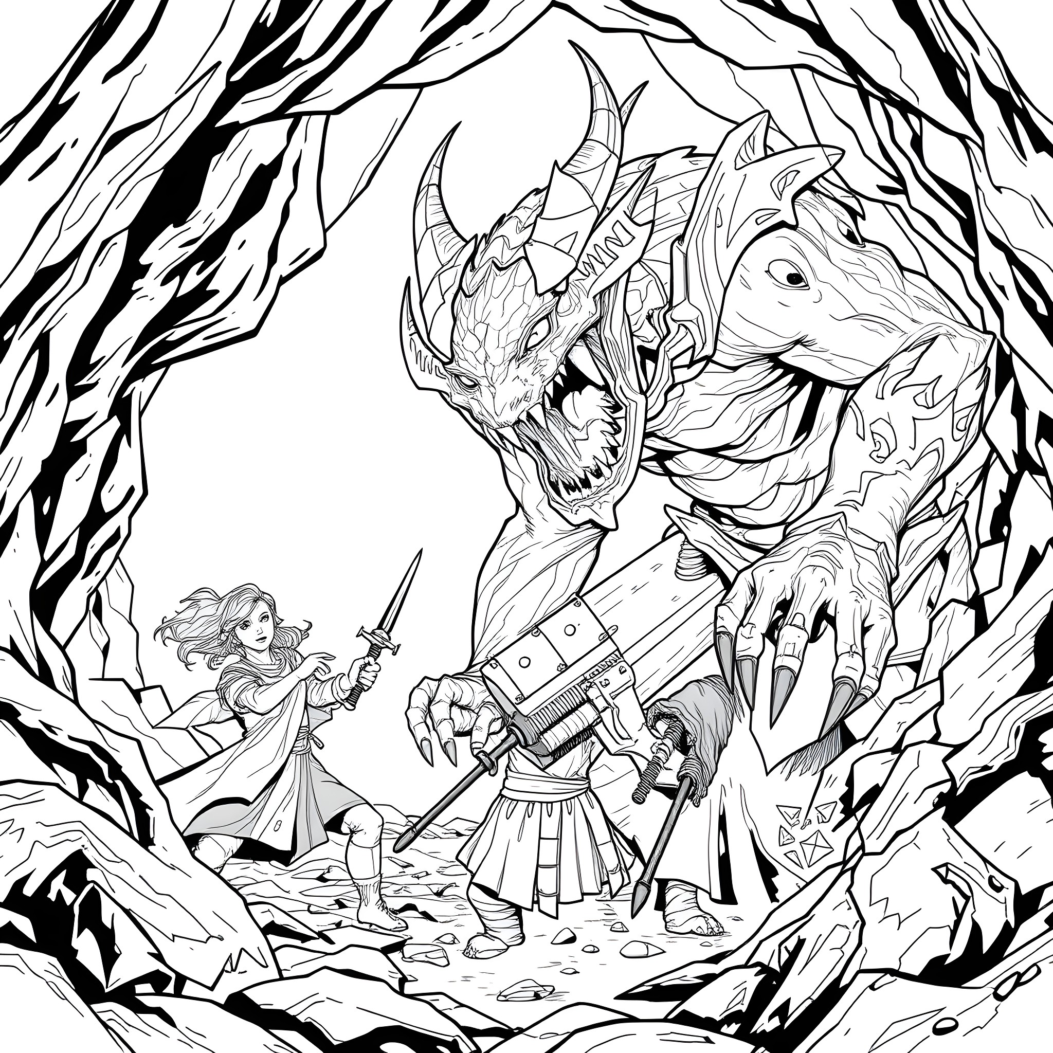 Adventurer confronts a formidable dragon in a perilous cave Coloring Page (free black-and-white line drawing printable PDF for all, from beginners to advanced learners, including children, teens, adults, and seniors)