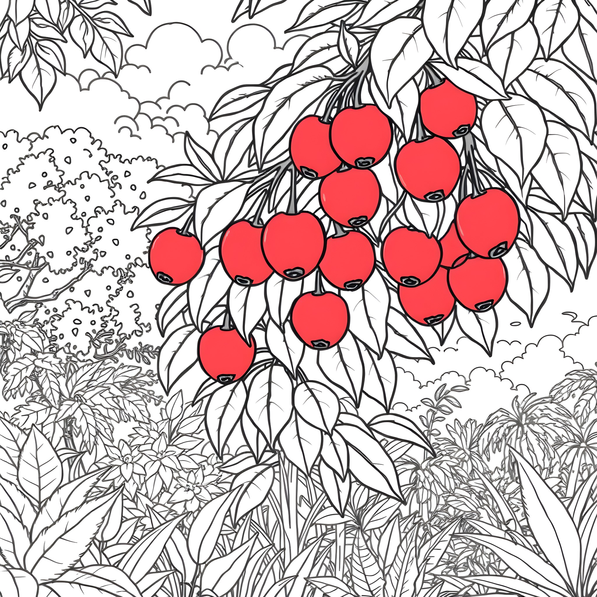 Cempedak fruit clusters in the forest Coloring Page (free black-and-white line drawing printable PDF for all, from beginners to advanced learners, including children, teens, adults, and seniors)
