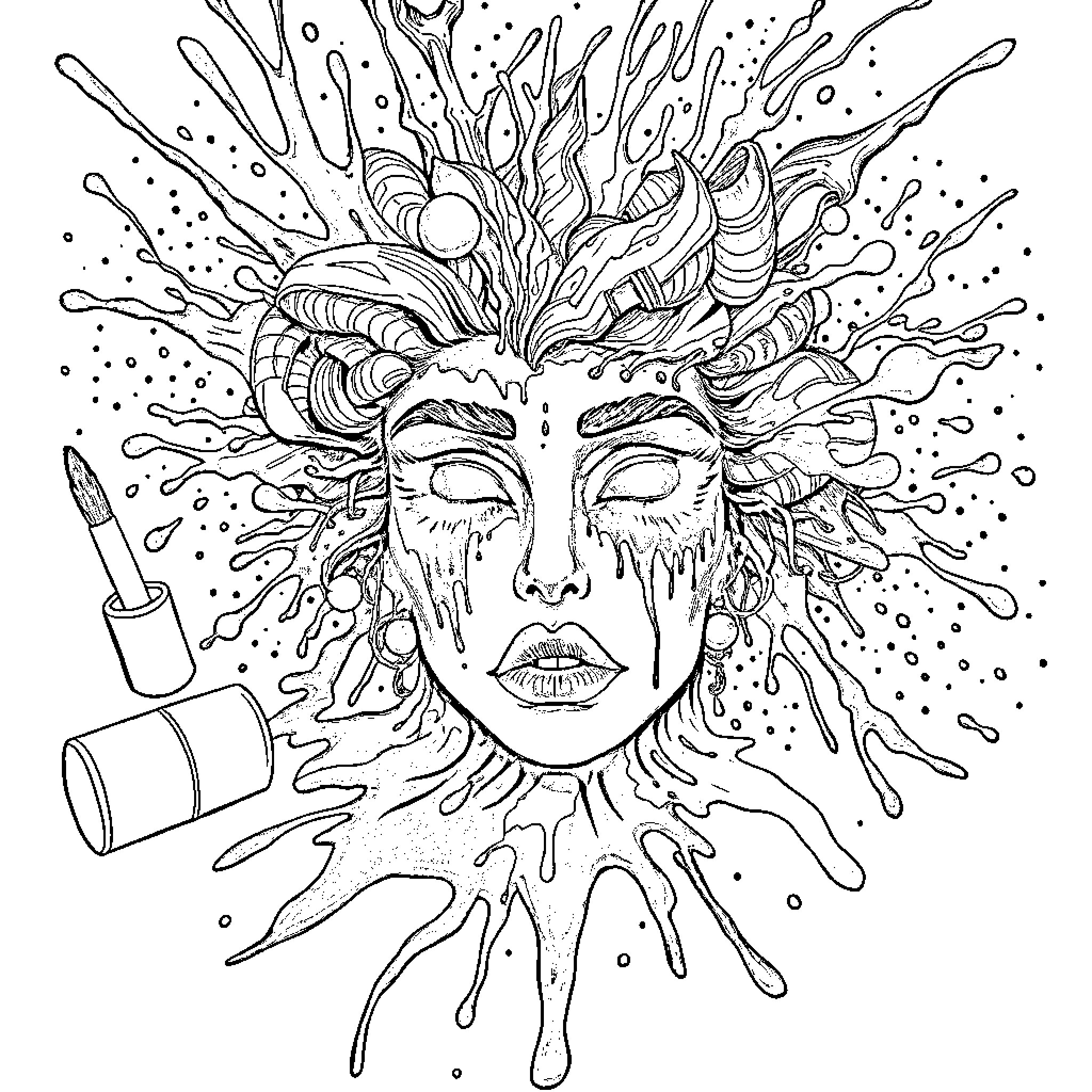 Makeup Artistic Expression and Transformation Coloring Page (free black-and-white line drawing printable PDF for all, from beginners to advanced learners, including children, teens, adults, and seniors)