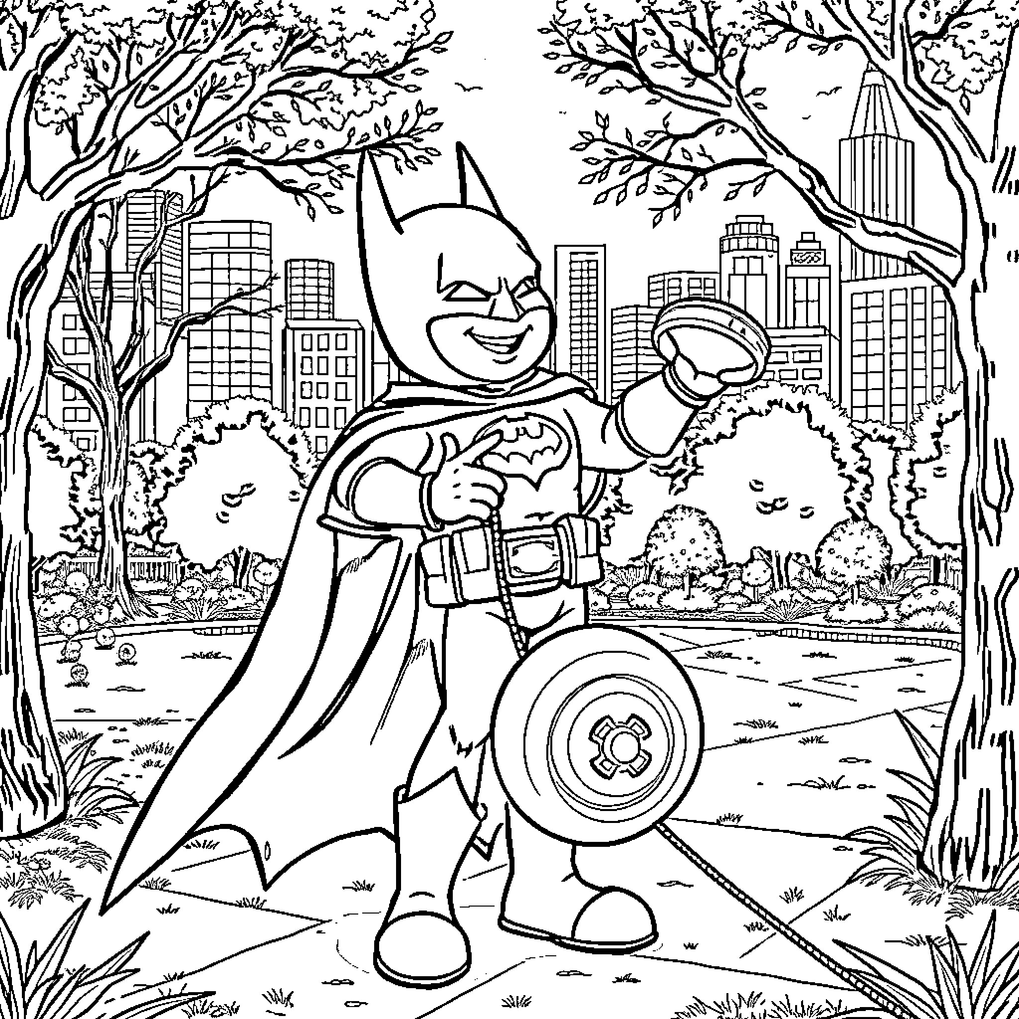 Bathman protects the city from crime and dangers Coloring Page (free black-and-white line drawing printable PDF for all, from beginners to advanced learners, including children, teens, adults, and seniors)