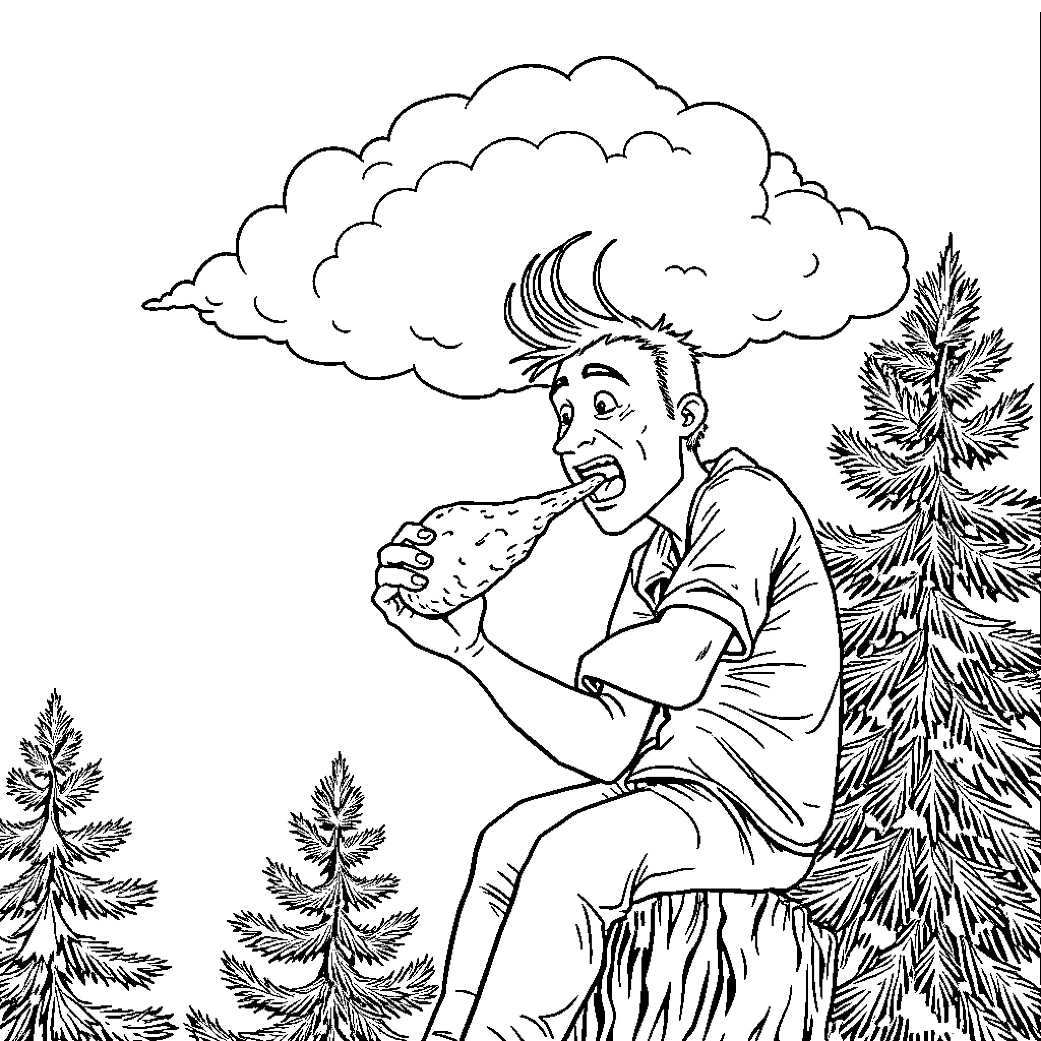 Dude eating a big sandwich in the wilderness Coloring Page (free black-and-white line drawing printable PDF for all, from beginners to advanced learners, including children, teens, adults, and seniors)