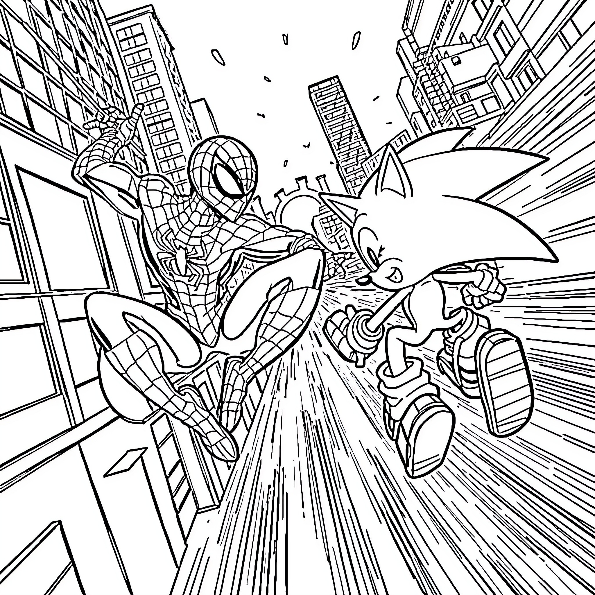 Spiderman swinging through a chaotic city scene Coloring Page (free black-and-white line drawing printable PDF for all, from beginners to advanced learners, including children, teens, adults, and seniors)