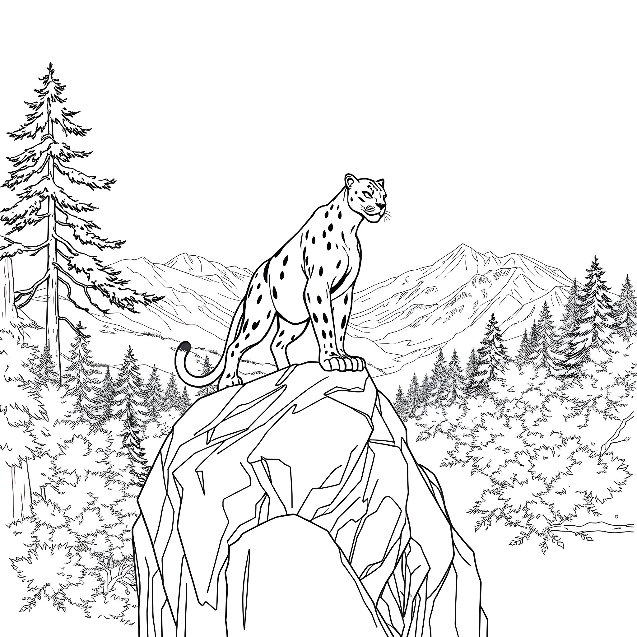 Black Panther Prowling Atop a Rugged Mountain Cliff Coloring Page (free black-and-white line drawing printable PDF for all, from beginners to advanced learners, including children, teens, adults, and seniors)