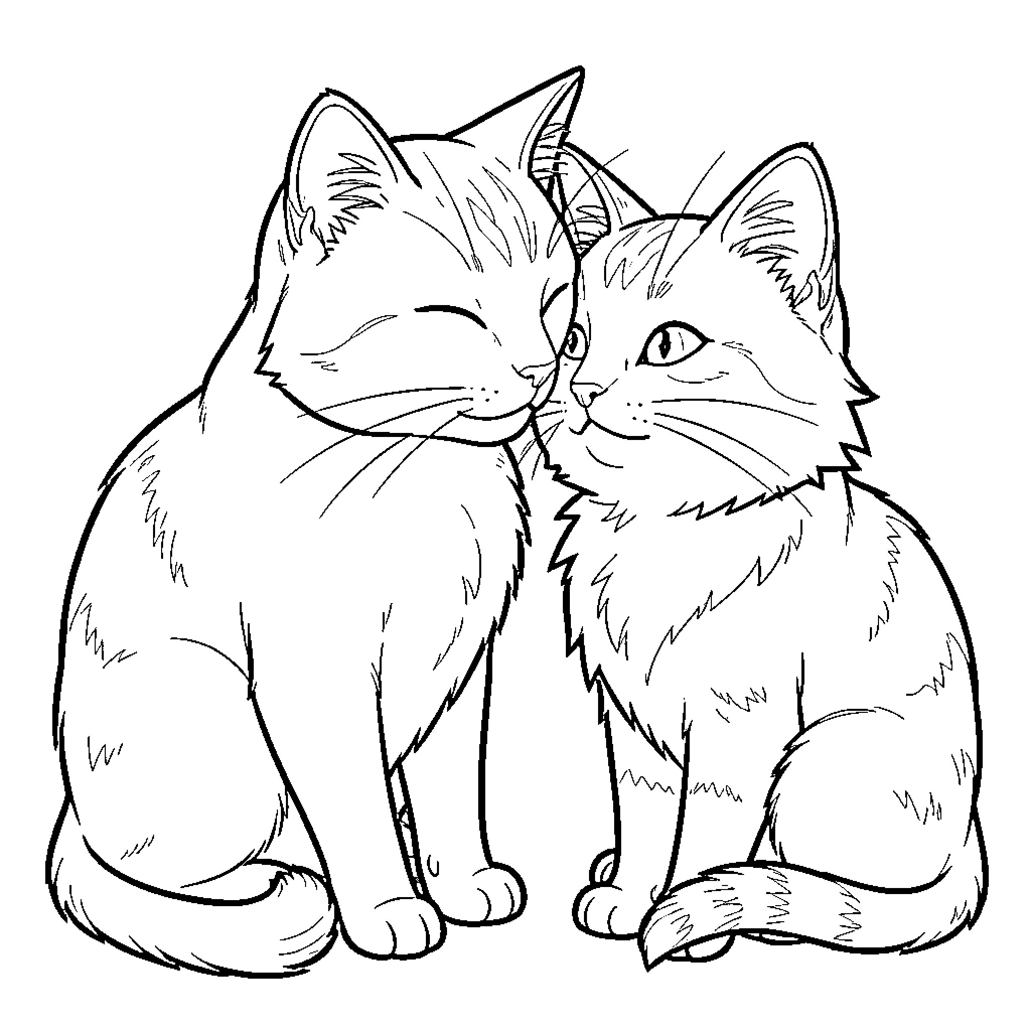 Cat Duo Sitting Calmly Coloring Page (free black-and-white line drawing printable PDF for all, from beginners to advanced learners, including children, teens, adults, and seniors)