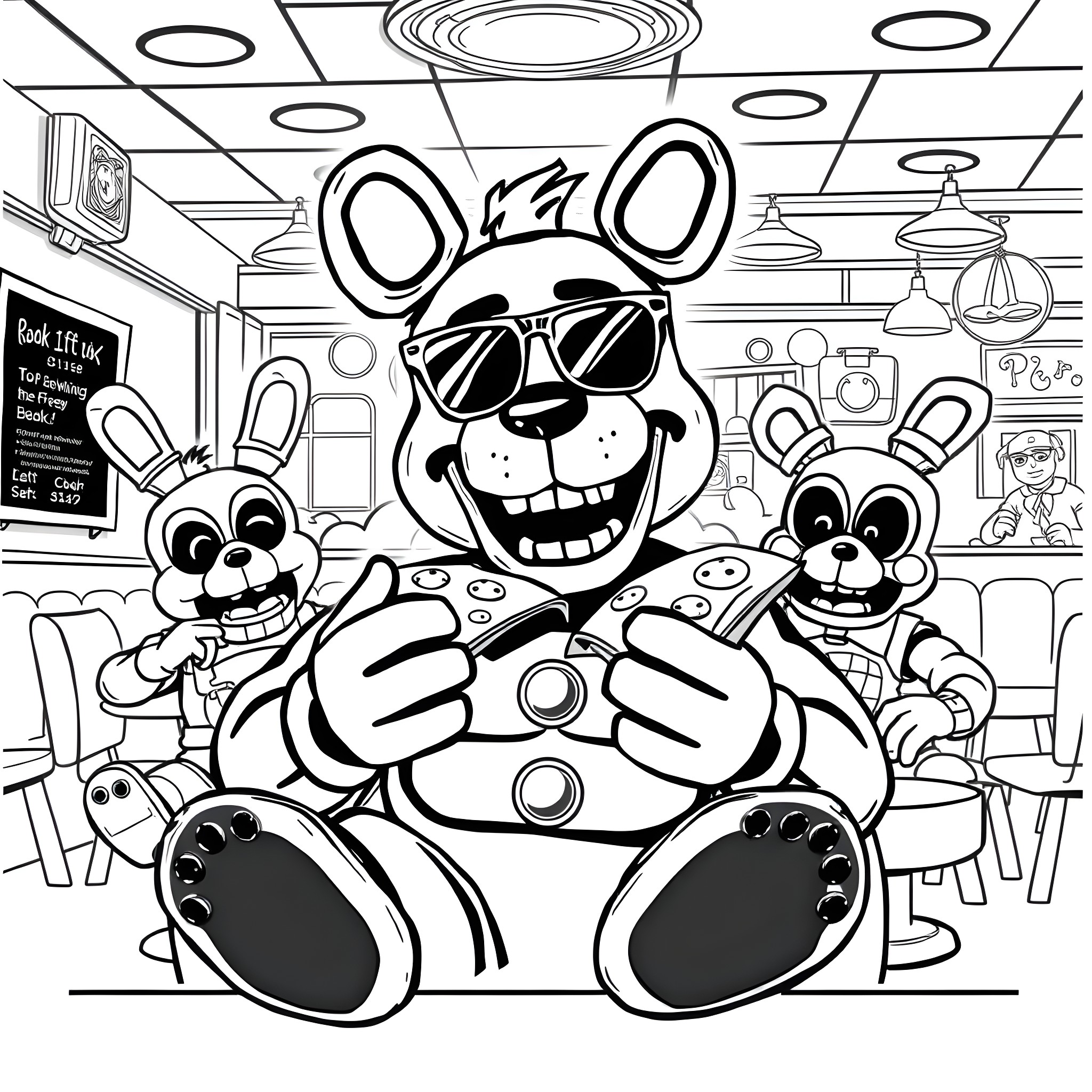 Freddy Fazbear and friends in a lively diner scene Coloring Page (free black-and-white line drawing printable PDF for all, from beginners to advanced learners, including children, teens, adults, and seniors)