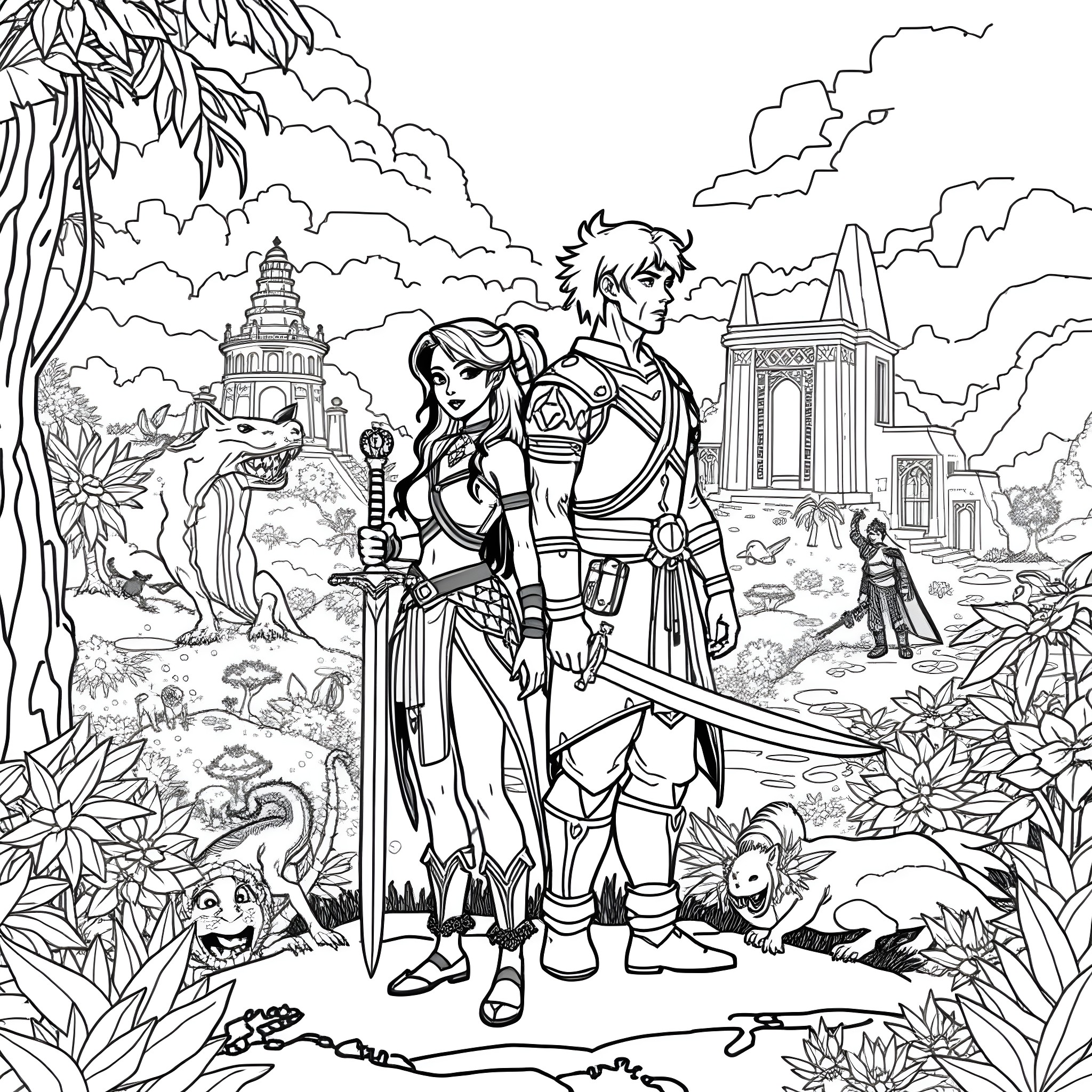 Raya and her companion explore a magical fantasy realm Coloring Page (free black-and-white line drawing printable PDF for all, from beginners to advanced learners, including children, teens, adults, and seniors)