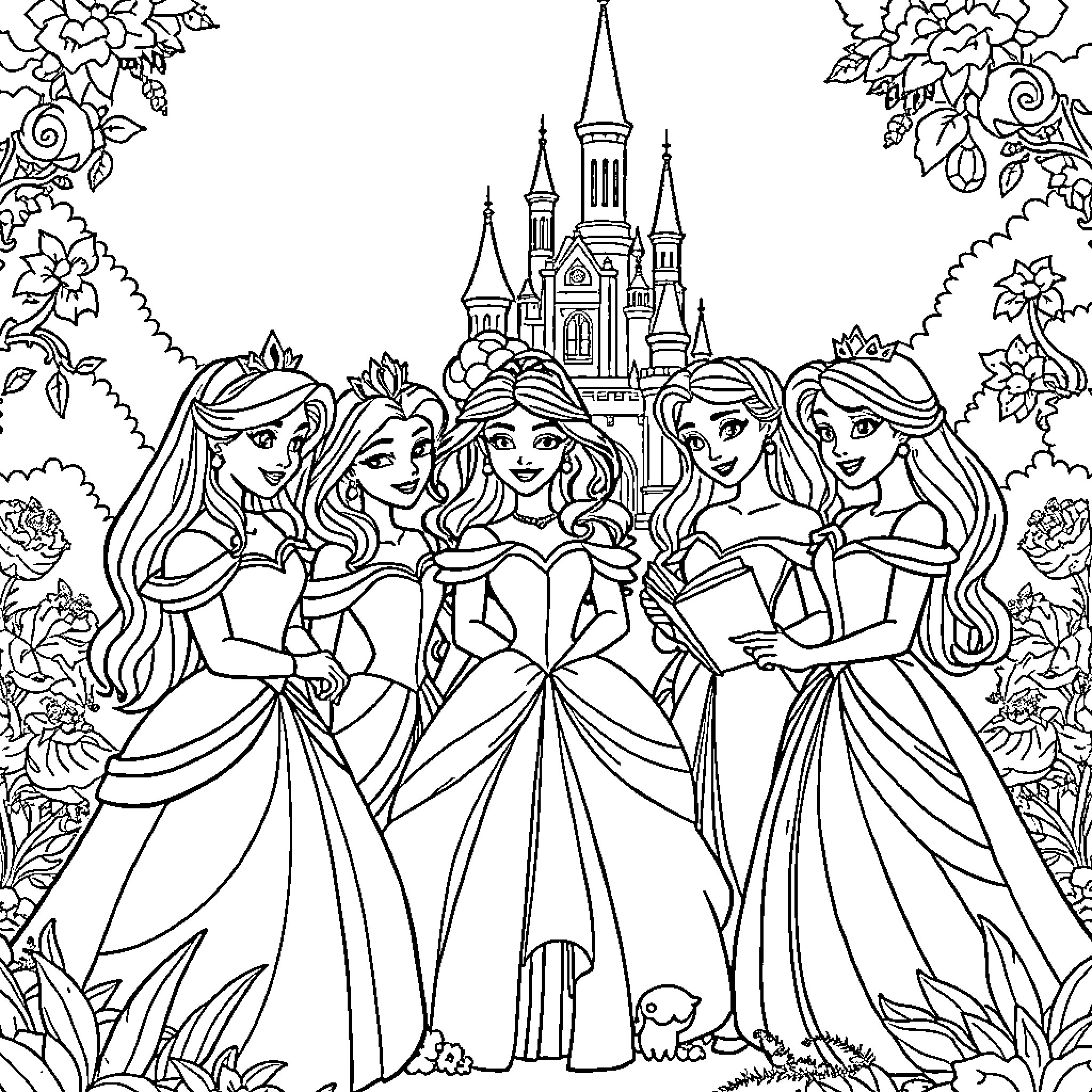 Disney Princess Elegant Gathering in the Castle Garden Coloring Page (free black-and-white line drawing printable PDF for all, from beginners to advanced learners, including children, teens, adults, and seniors)