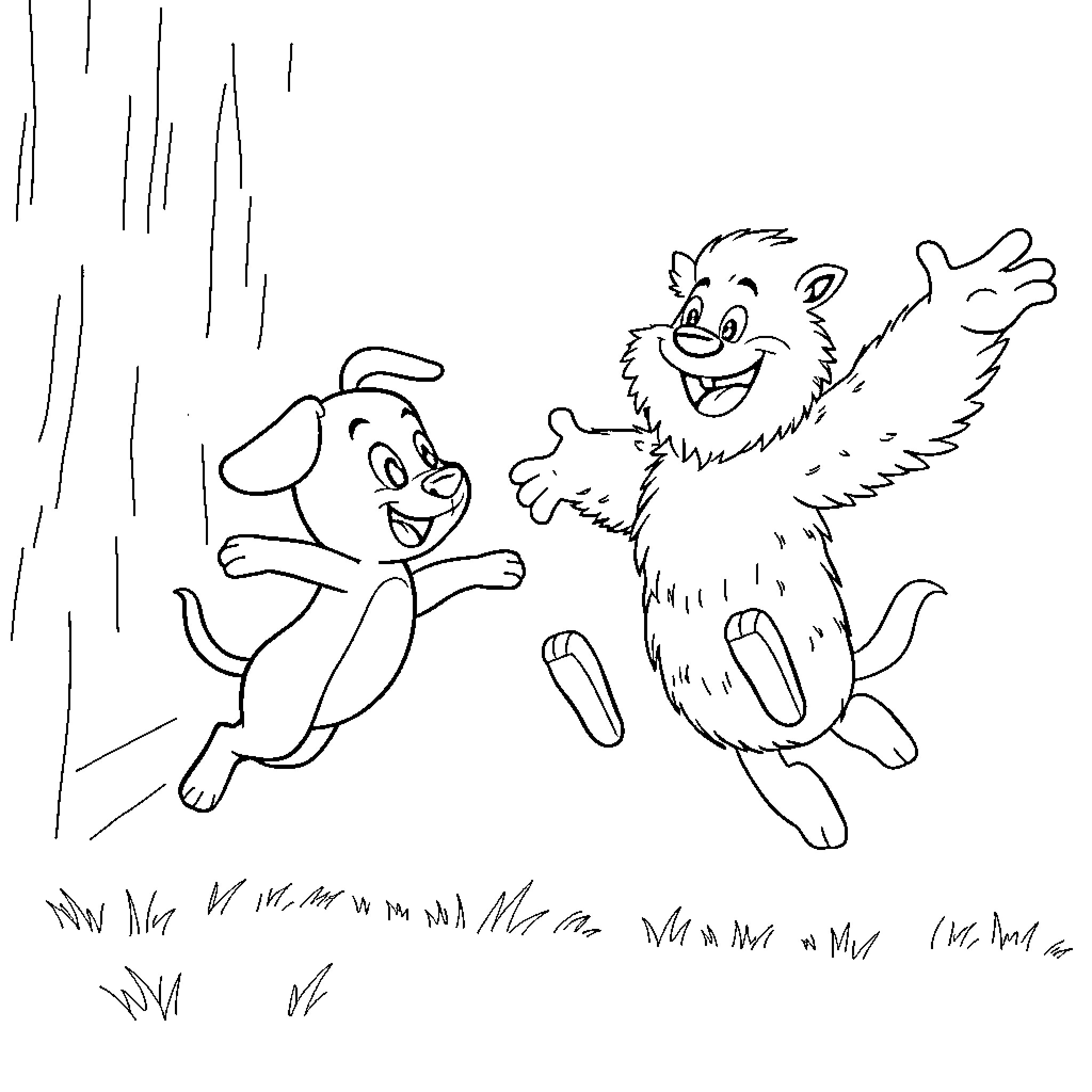 Bluey and friend playing together joyfully Coloring Page (free black-and-white line drawing printable PDF for all, from beginners to advanced learners, including children, teens, adults, and seniors)
