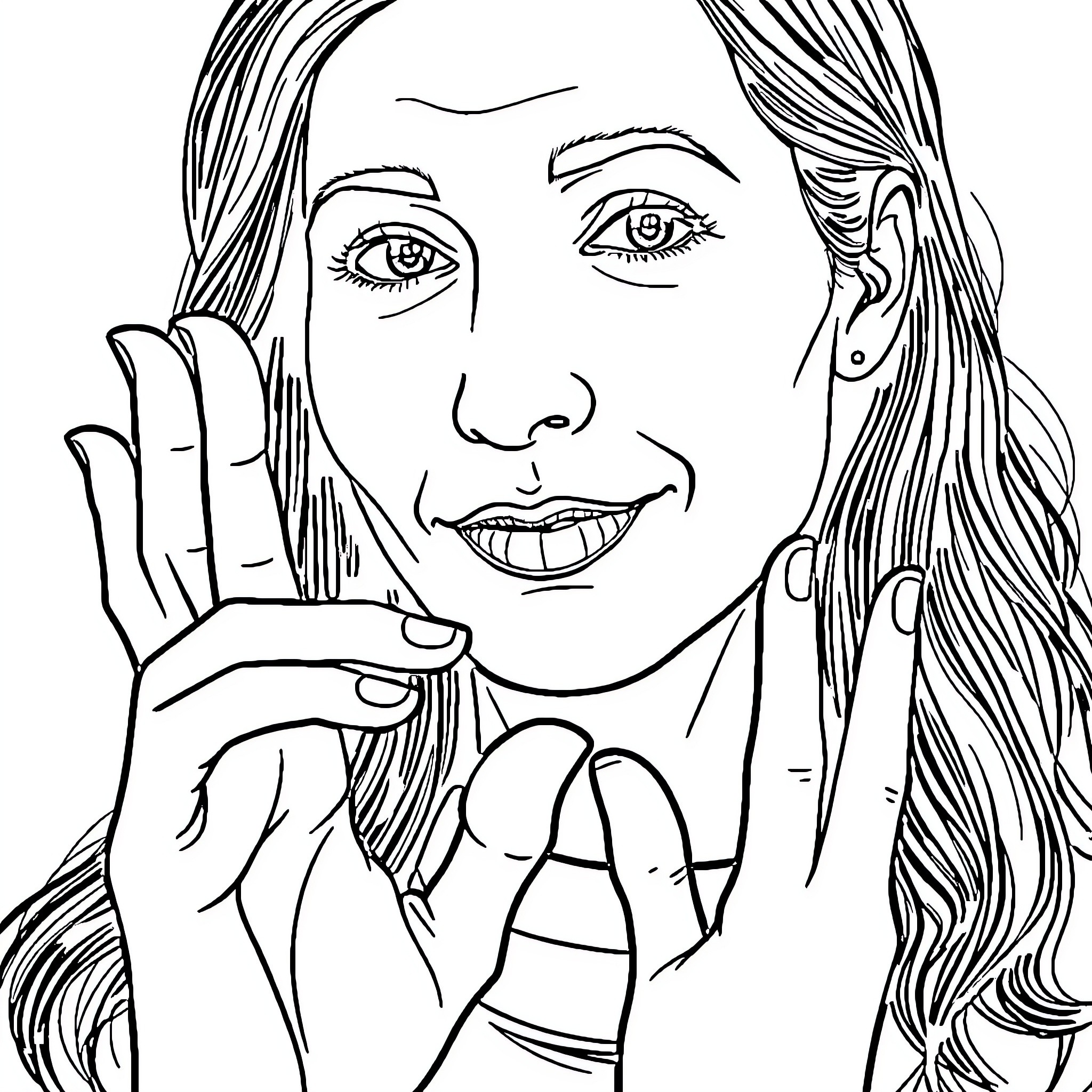 ASL Expression of Delight and Positivity Coloring Page (free black-and-white line drawing printable PDF for all, from beginners to advanced learners, including children, teens, adults, and seniors)
