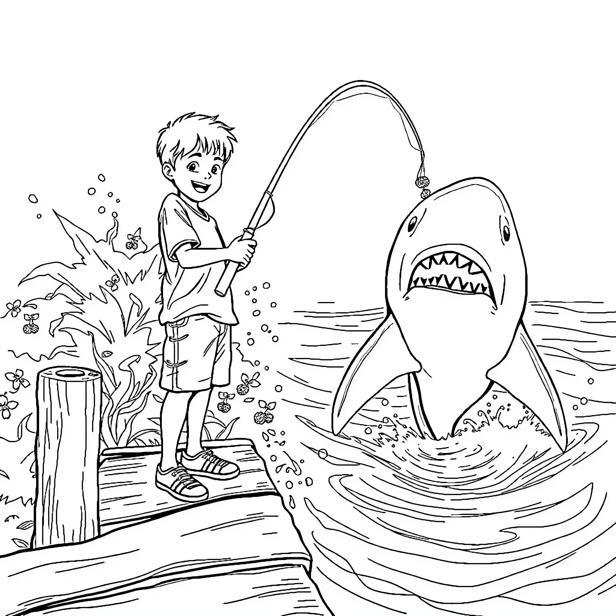 Boy fishing with a giant shark in the ocean Coloring Page (free black-and-white line drawing printable PDF for all, from beginners to advanced learners, including children, teens, adults, and seniors)