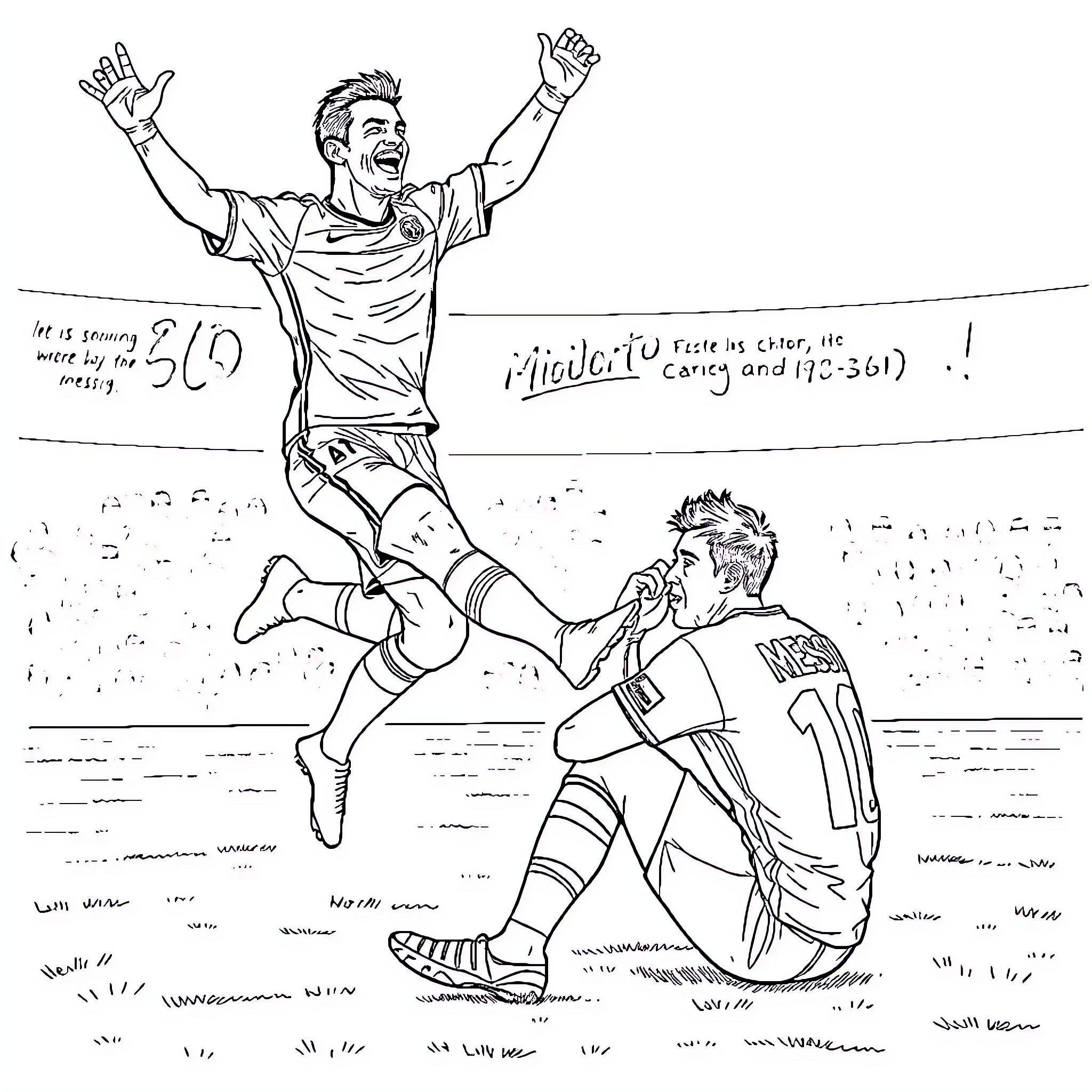 Ronaldo's Triumphant Celebration on the Soccer Field Coloring Page (free black-and-white line drawing printable PDF for all, from beginners to advanced learners, including children, teens, adults, and seniors)