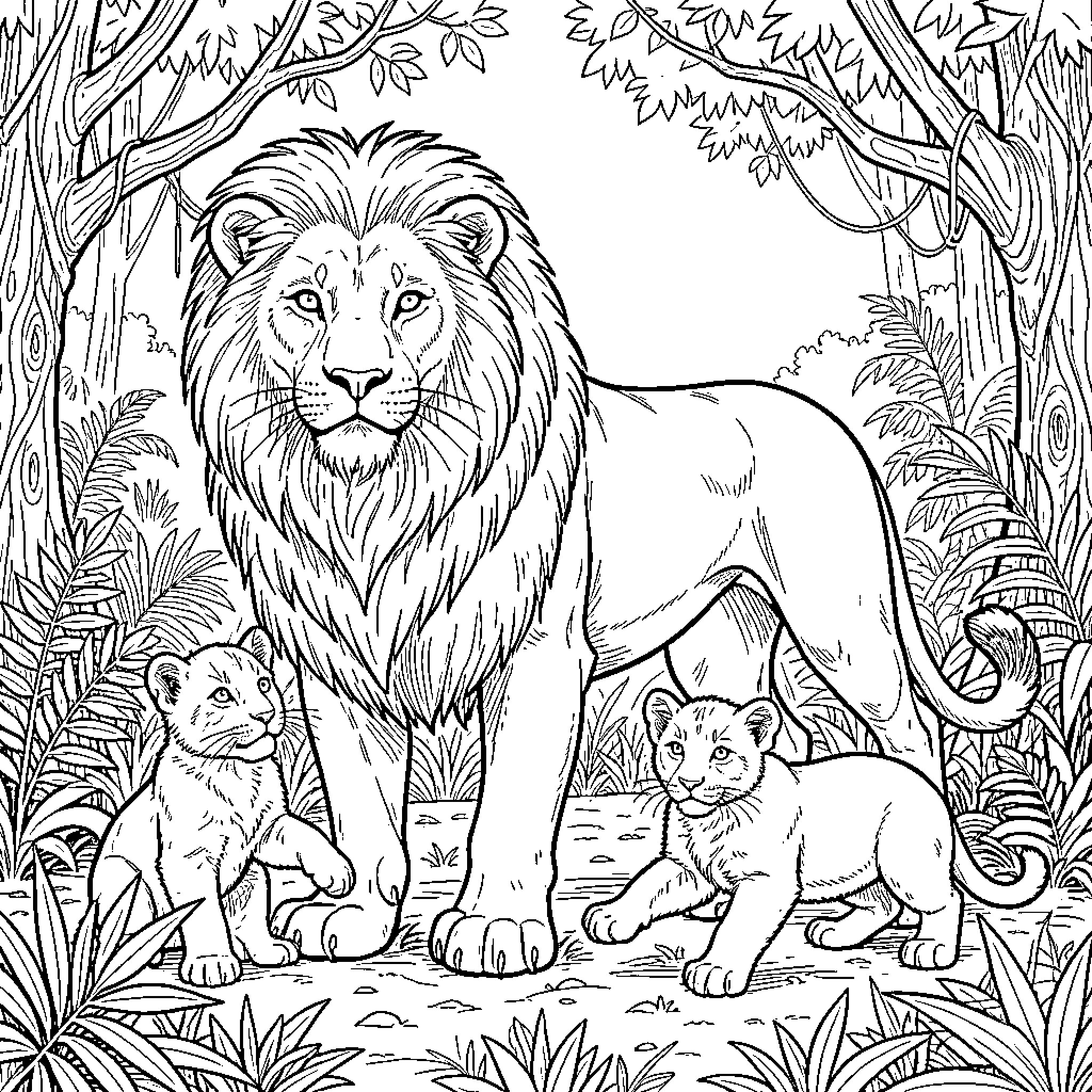Lion family in the wild jungle Coloring Page (free black-and-white line drawing printable PDF for all, from beginners to advanced learners, including children, teens, adults, and seniors)