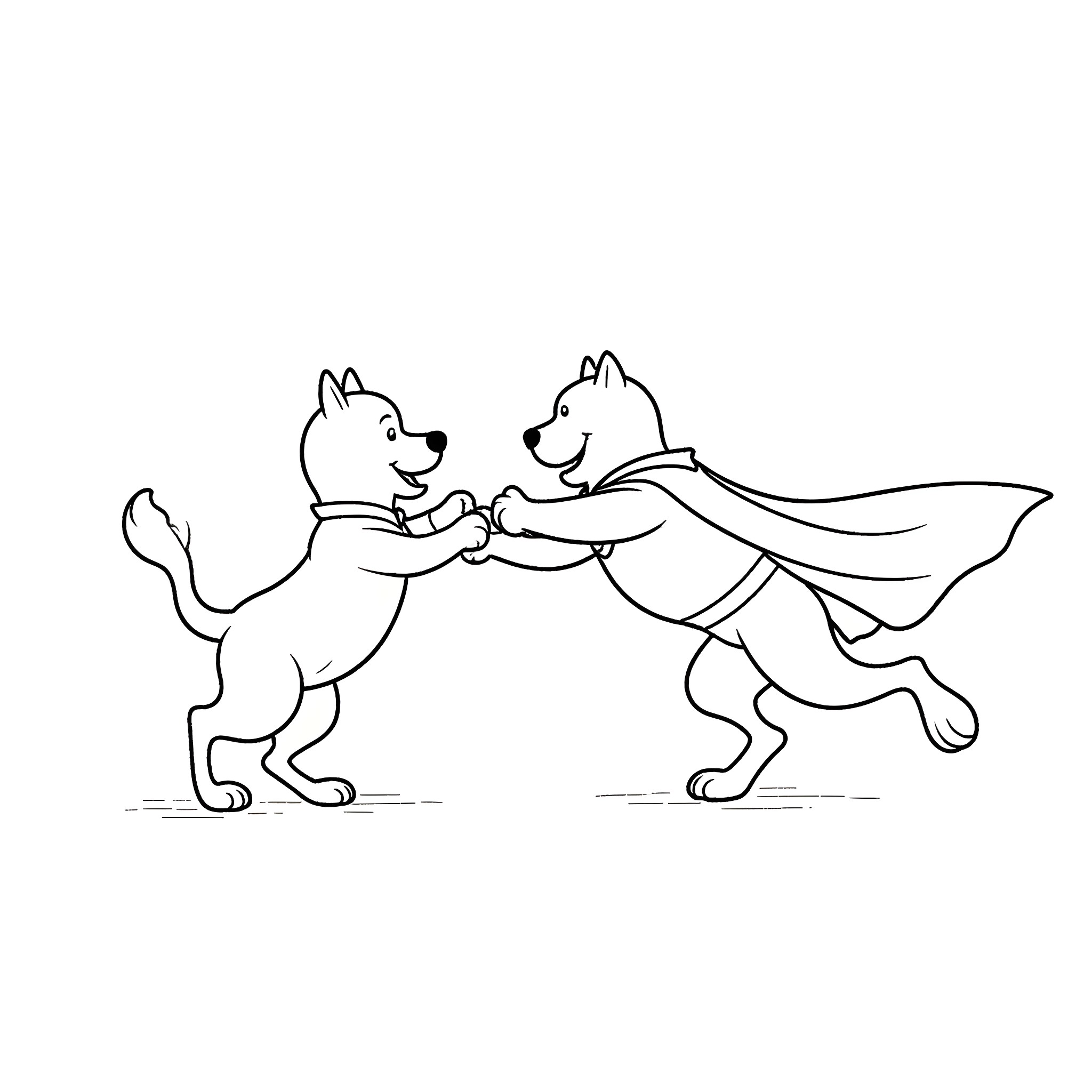 Dogs playing superheroes in action Coloring Page (free black-and-white line drawing printable PDF for all, from beginners to advanced learners, including children, teens, adults, and seniors)
