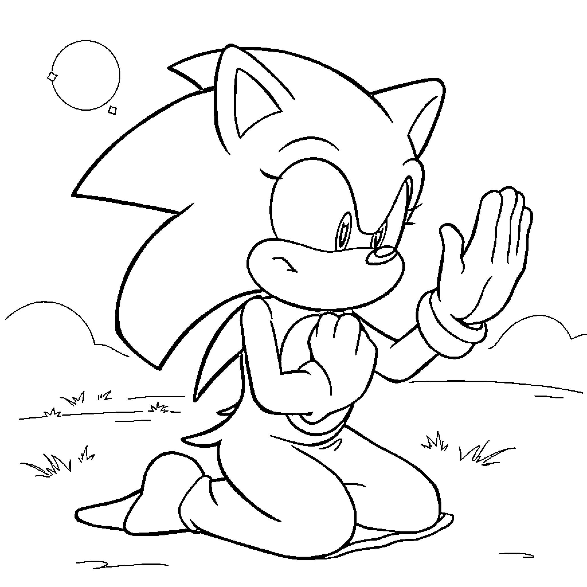 Sonic waving happily in the meadow Coloring Page (free black-and-white line drawing printable PDF for all, from beginners to advanced learners, including children, teens, adults, and seniors)