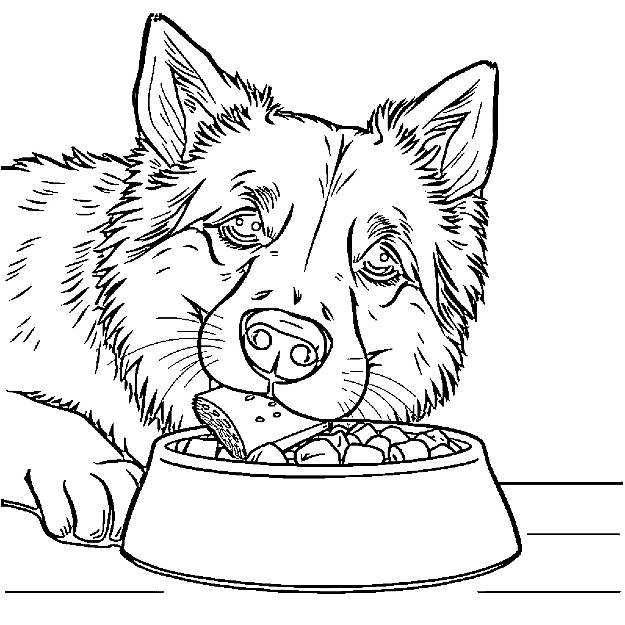 Dog eating food in bowl Coloring Page (free black-and-white line drawing printable PDF for all, from beginners to advanced learners, including children, teens, adults, and seniors)