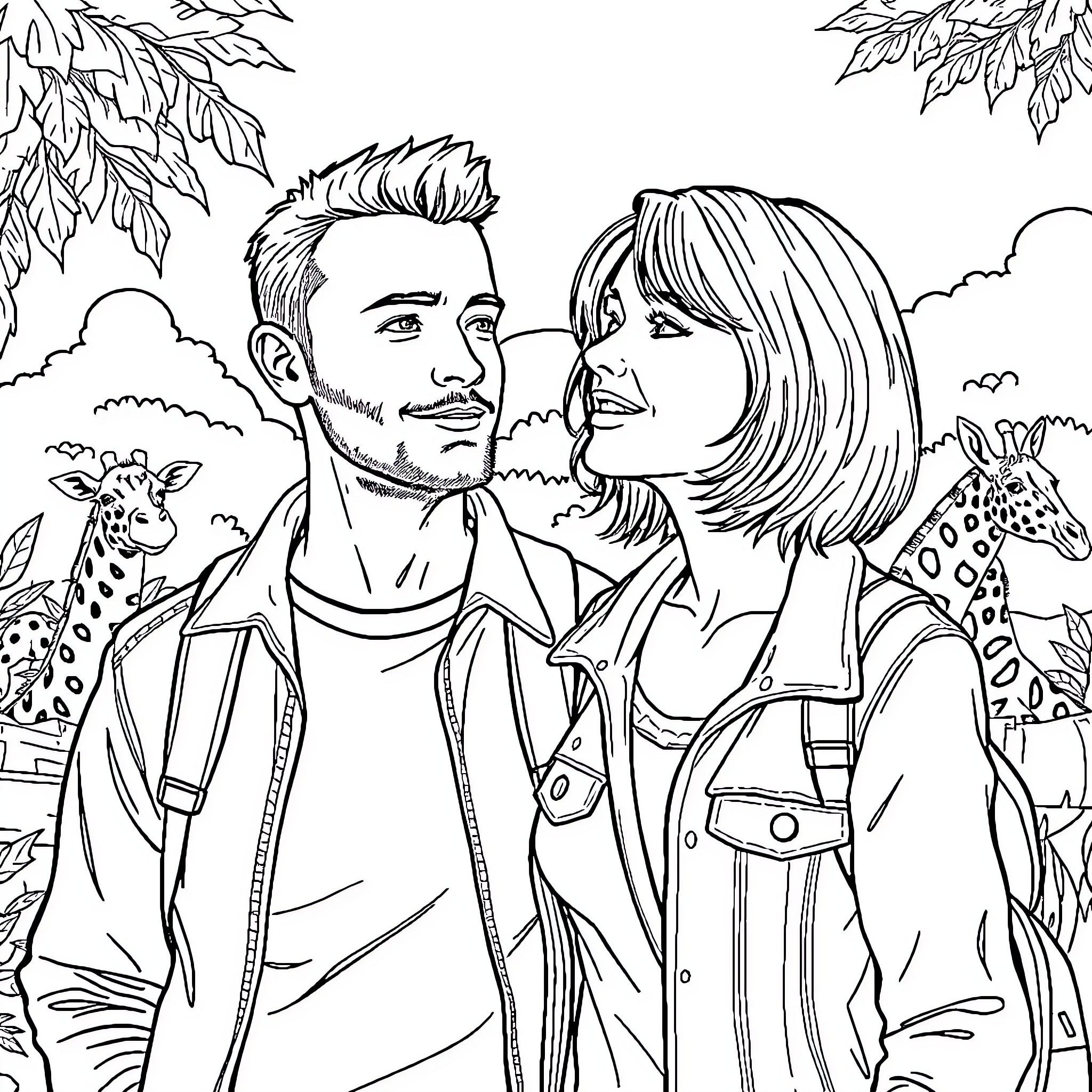 Man and Woman Enjoying a Scenic Outing Coloring Page (free black-and-white line drawing printable PDF for all, from beginners to advanced learners, including children, teens, adults, and seniors)