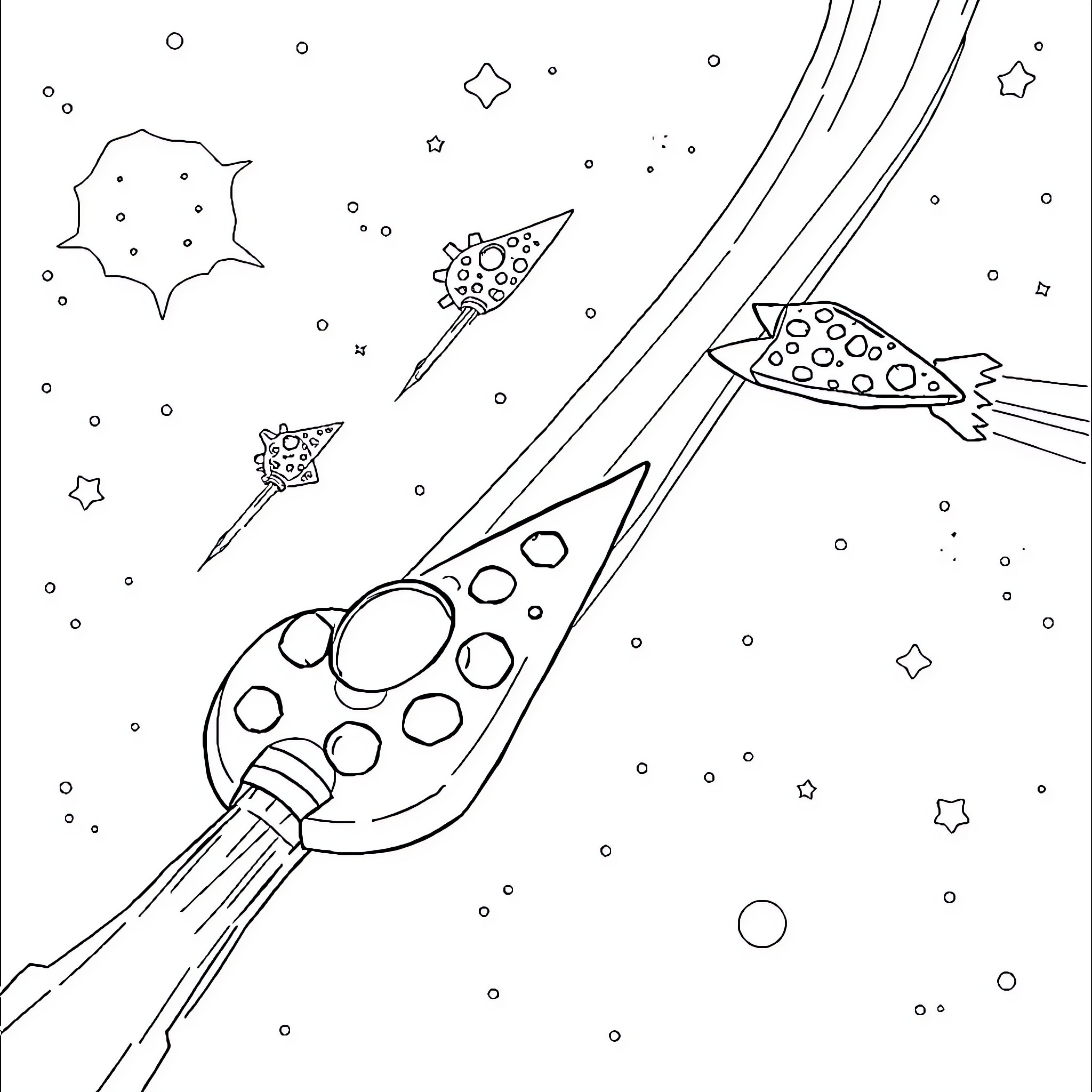 Pizza Rockets Blasting Off into Cosmic Starry Sky Coloring Page (free black-and-white line drawing printable PDF for all, from beginners to advanced learners, including children, teens, adults, and seniors)