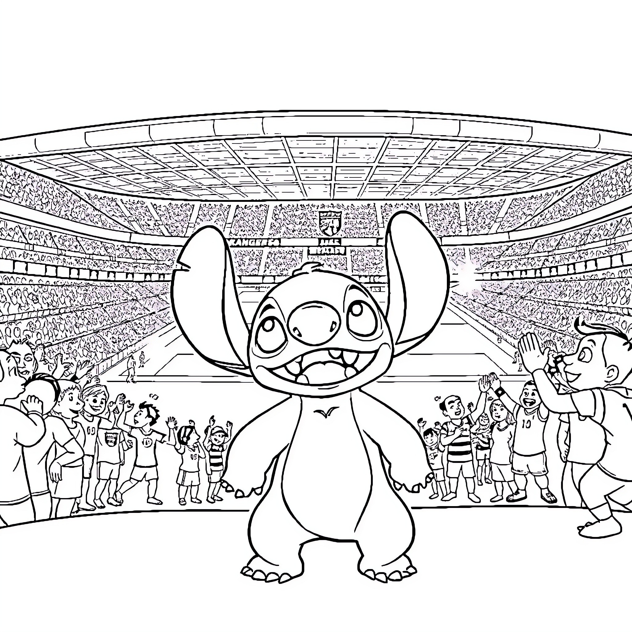 Lilo in a lively sports stadium Coloring Page (free black-and-white line drawing printable PDF for all, from beginners to advanced learners, including children, teens, adults, and seniors)