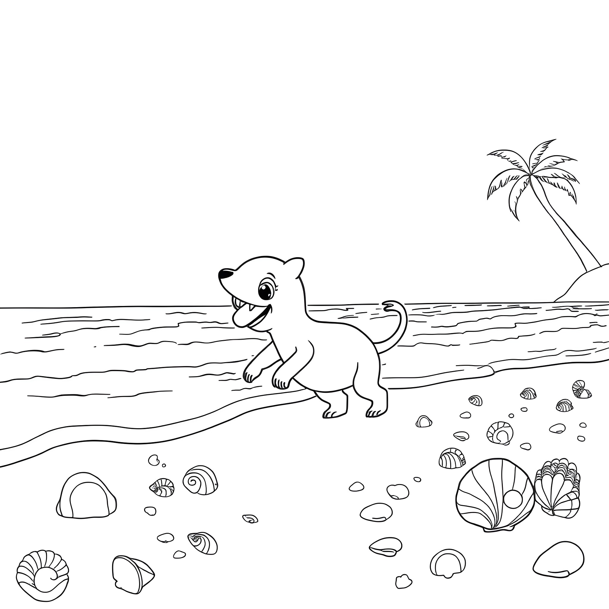Labubu playing happily on the beach Coloring Page (free black-and-white line drawing printable PDF for all, from beginners to advanced learners, including children, teens, adults, and seniors)