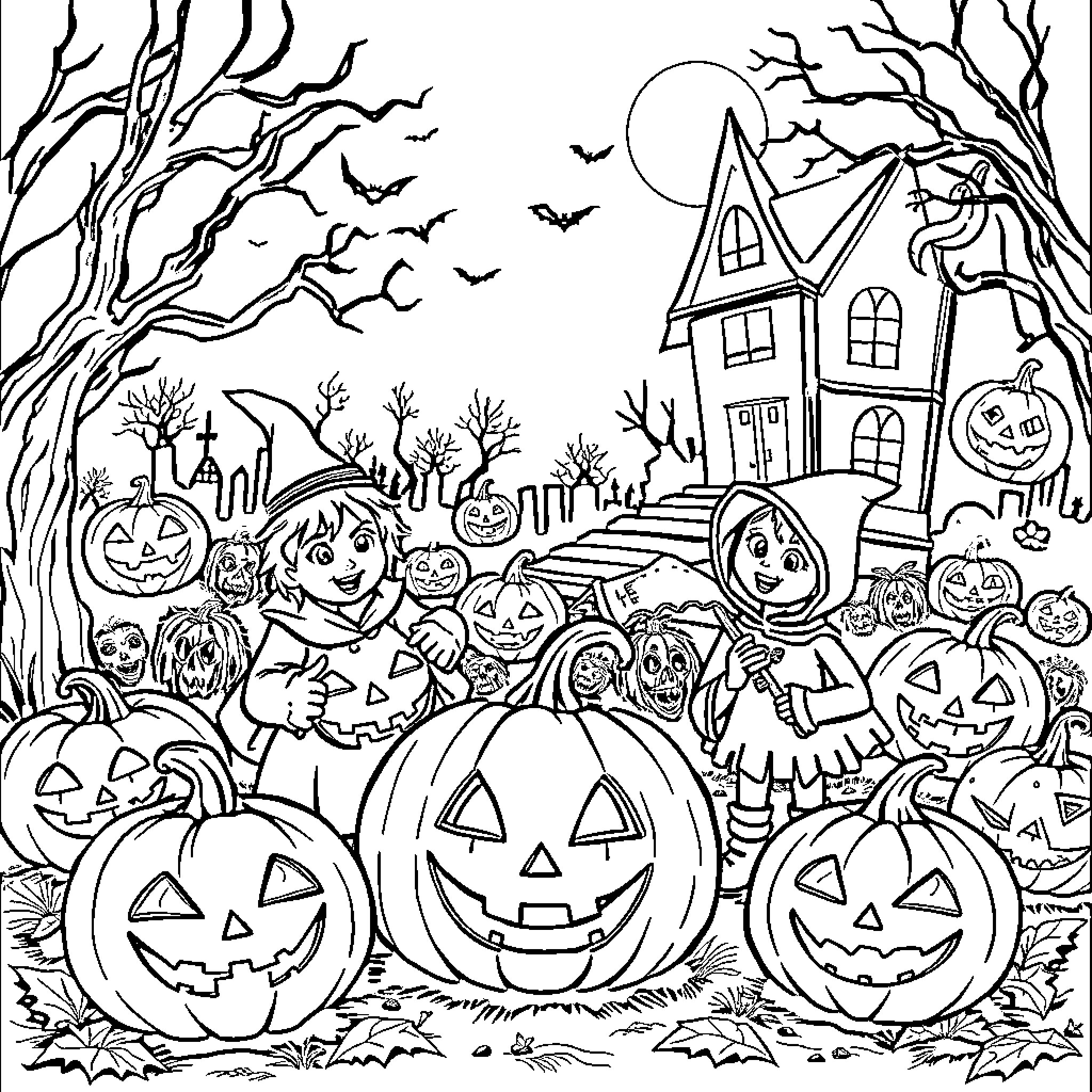 Halloween Night of Pumpkins and Haunting Festivities Coloring Page (free black-and-white line drawing printable PDF for all, from beginners to advanced learners, including children, teens, adults, and seniors)