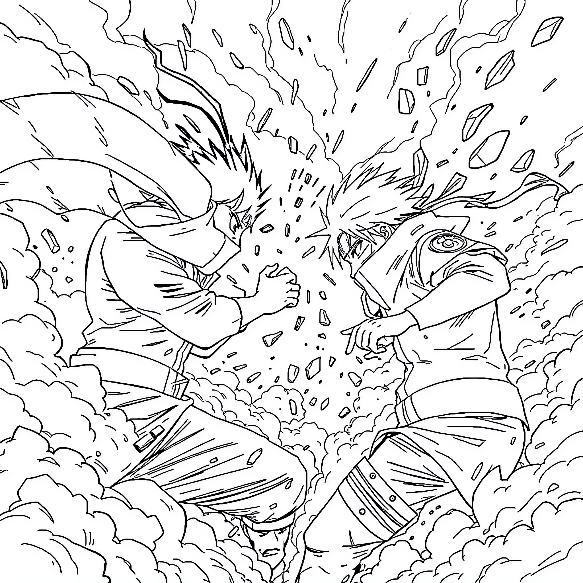 Gojo's intense battle against a fierce opponent Coloring Page (free black-and-white line drawing printable PDF for all, from beginners to advanced learners, including children, teens, adults, and seniors)
