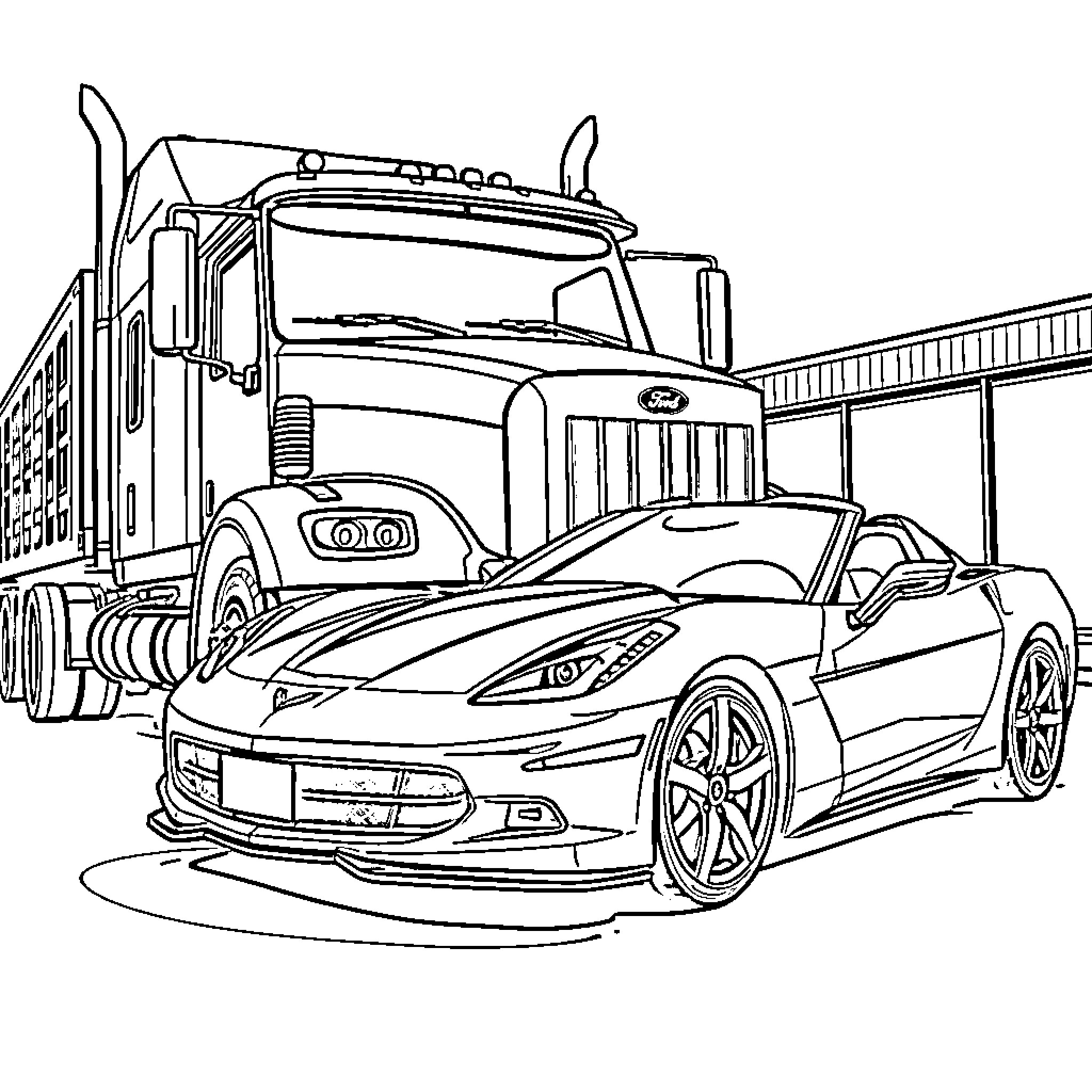 Ford Truck and Sports Car Seen Together Coloring Page (free black-and-white line drawing printable PDF for all, from beginners to advanced learners, including children, teens, adults, and seniors)