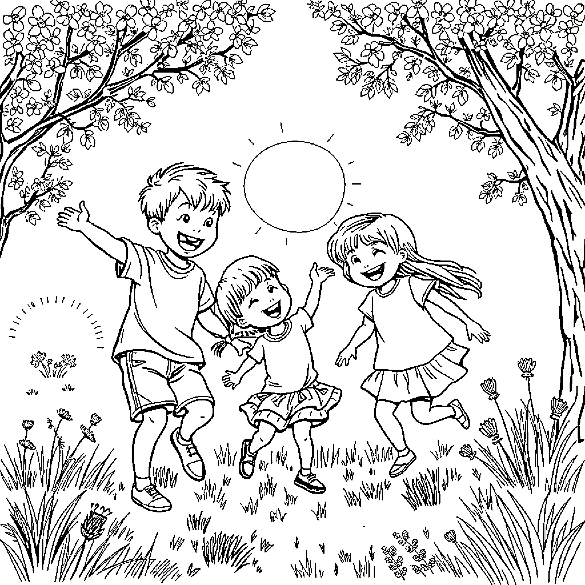 Kids playing happily in the spring meadow Coloring Page (free black-and-white line drawing printable PDF for all, from beginners to advanced learners, including children, teens, adults, and seniors)
