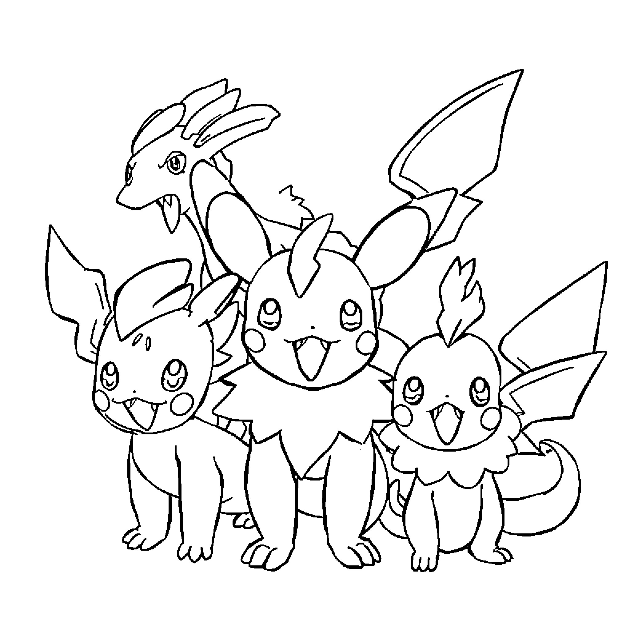 Pokémon group posing in playful stances Coloring Page (free black-and-white line drawing printable PDF for all, from beginners to advanced learners, including children, teens, adults, and seniors)