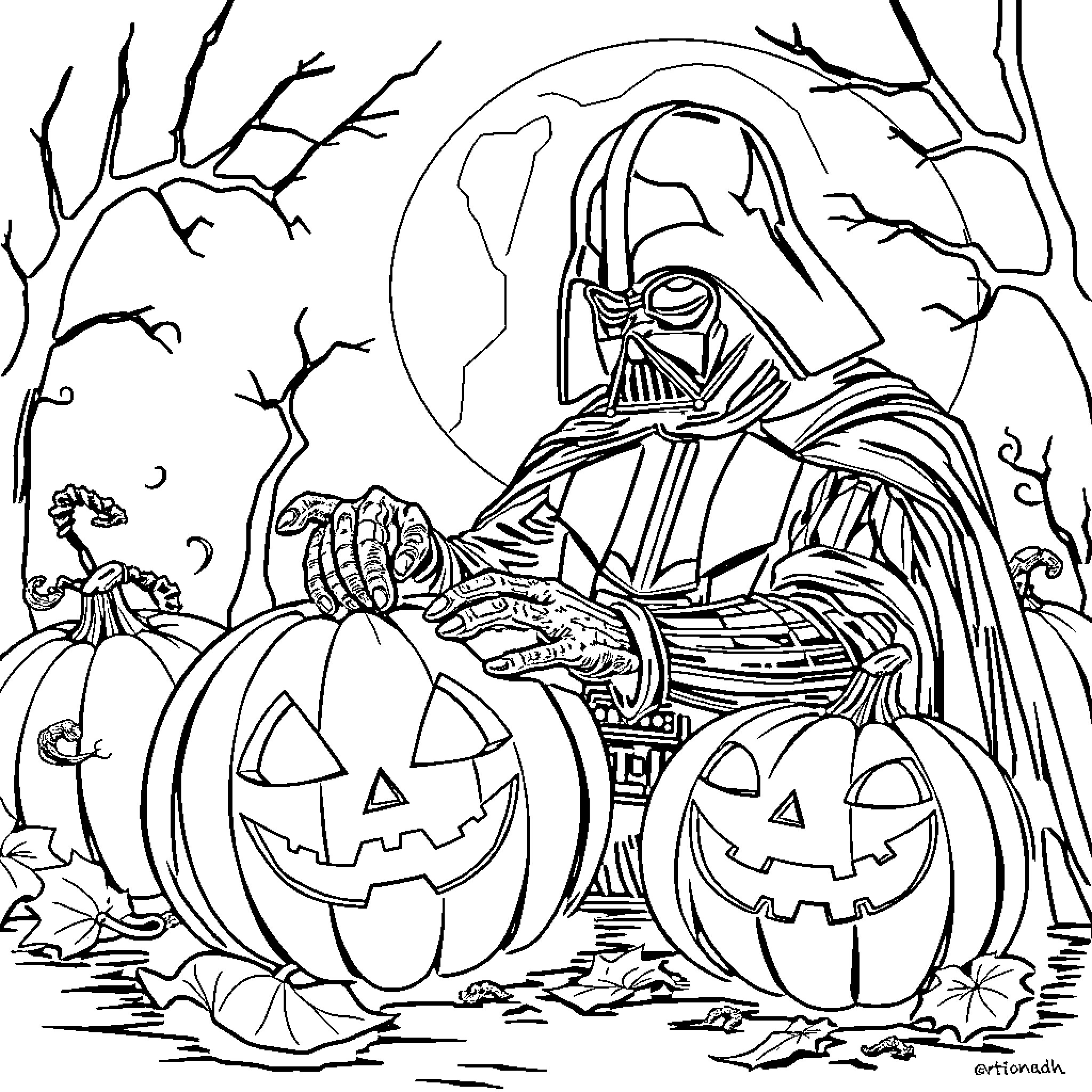 Darth Vader's Spooky Halloween Encounter Coloring Page (free black-and-white line drawing printable PDF for all, from beginners to advanced learners, including children, teens, adults, and seniors)