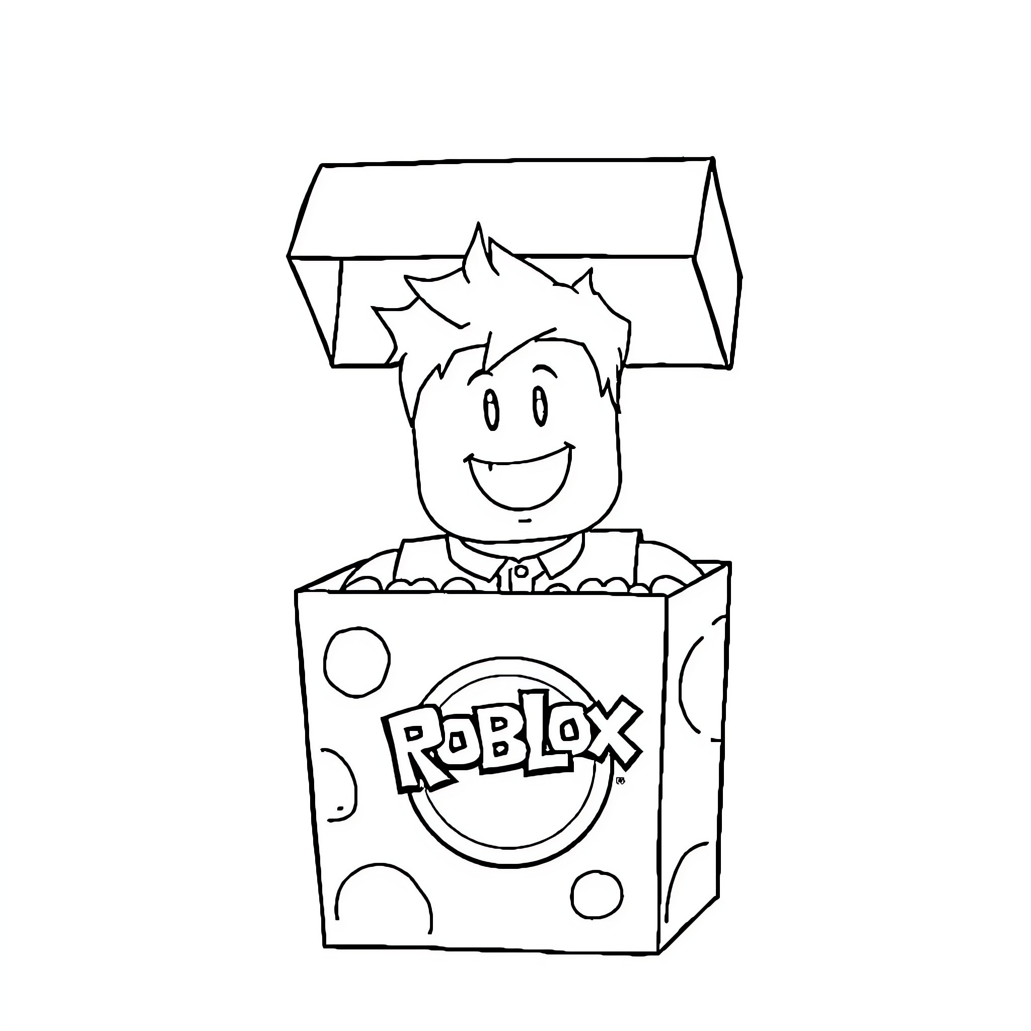 Roblox Figure popping out of a Roblox box Coloring Page (free black-and-white line drawing printable PDF for all, from beginners to advanced learners, including children, teens, adults, and seniors)