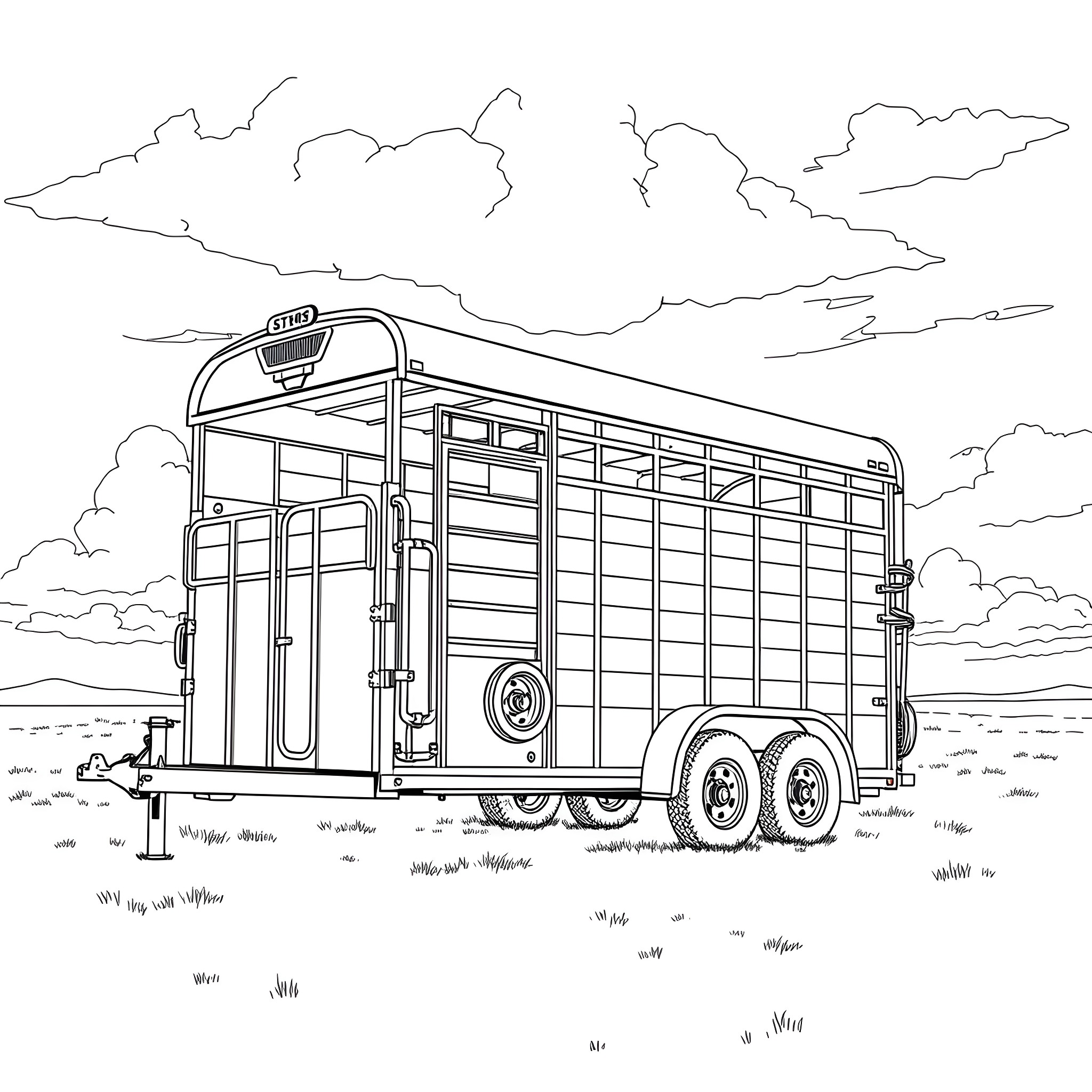 Gooseneck Trailer carrying livestock in rural setting Coloring Page (free black-and-white line drawing printable PDF for all, from beginners to advanced learners, including children, teens, adults, and seniors)