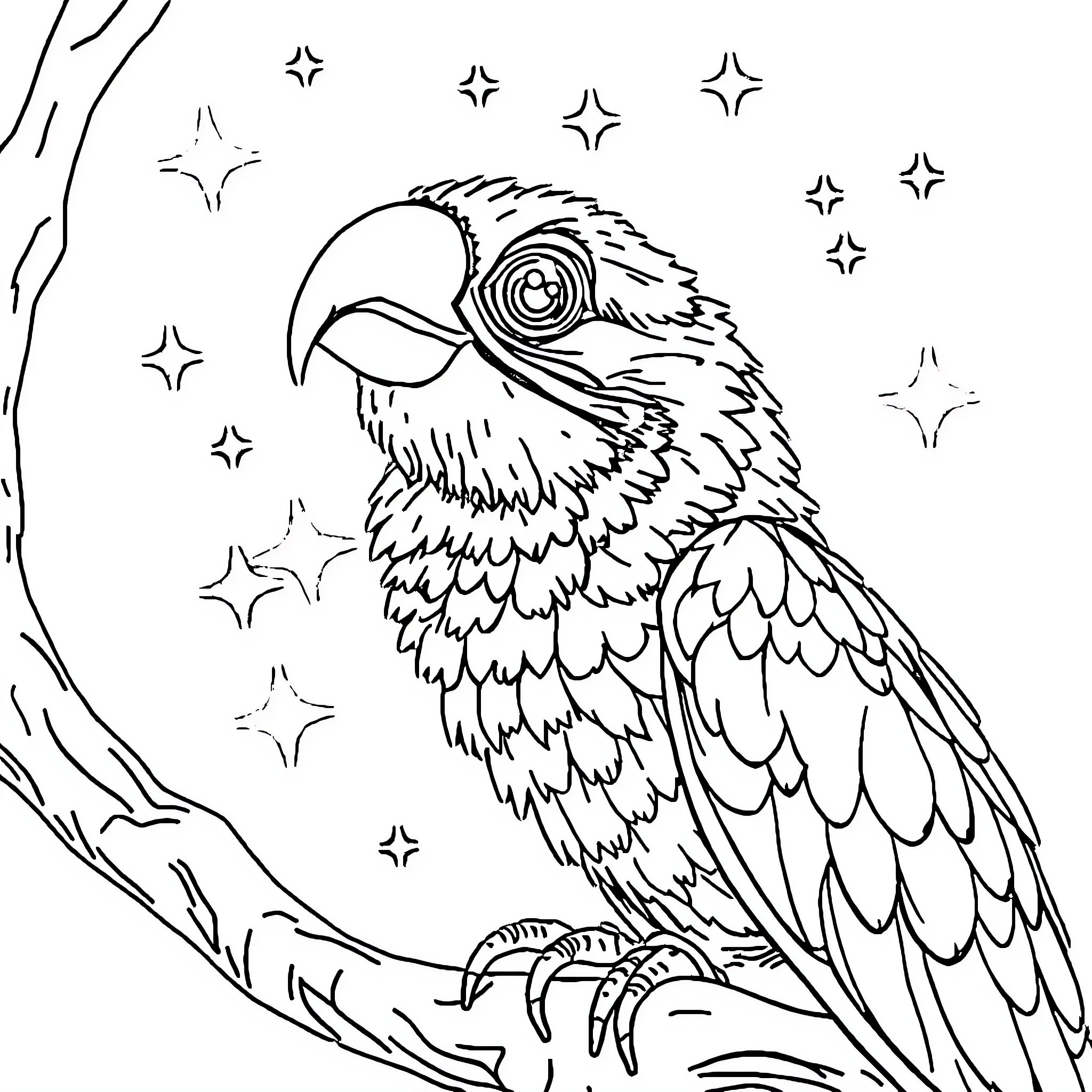 Chameleon Parrot Perched Amidst Twinkling Stars Coloring Page (free black-and-white line drawing printable PDF for all, from beginners to advanced learners, including children, teens, adults, and seniors)