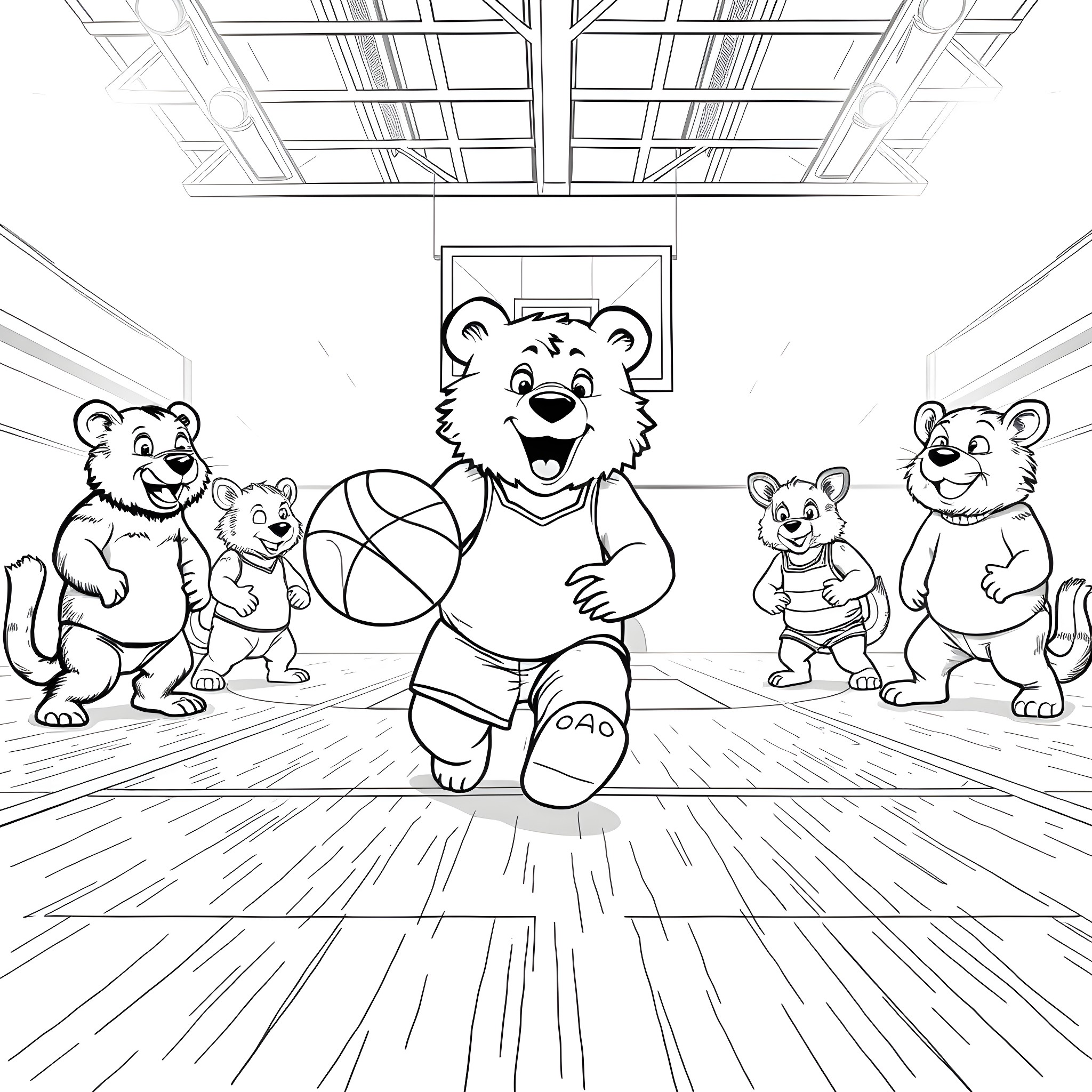 Bear playing basketball with his bear friends Coloring Page (free black-and-white line drawing printable PDF for all, from beginners to advanced learners, including children, teens, adults, and seniors)