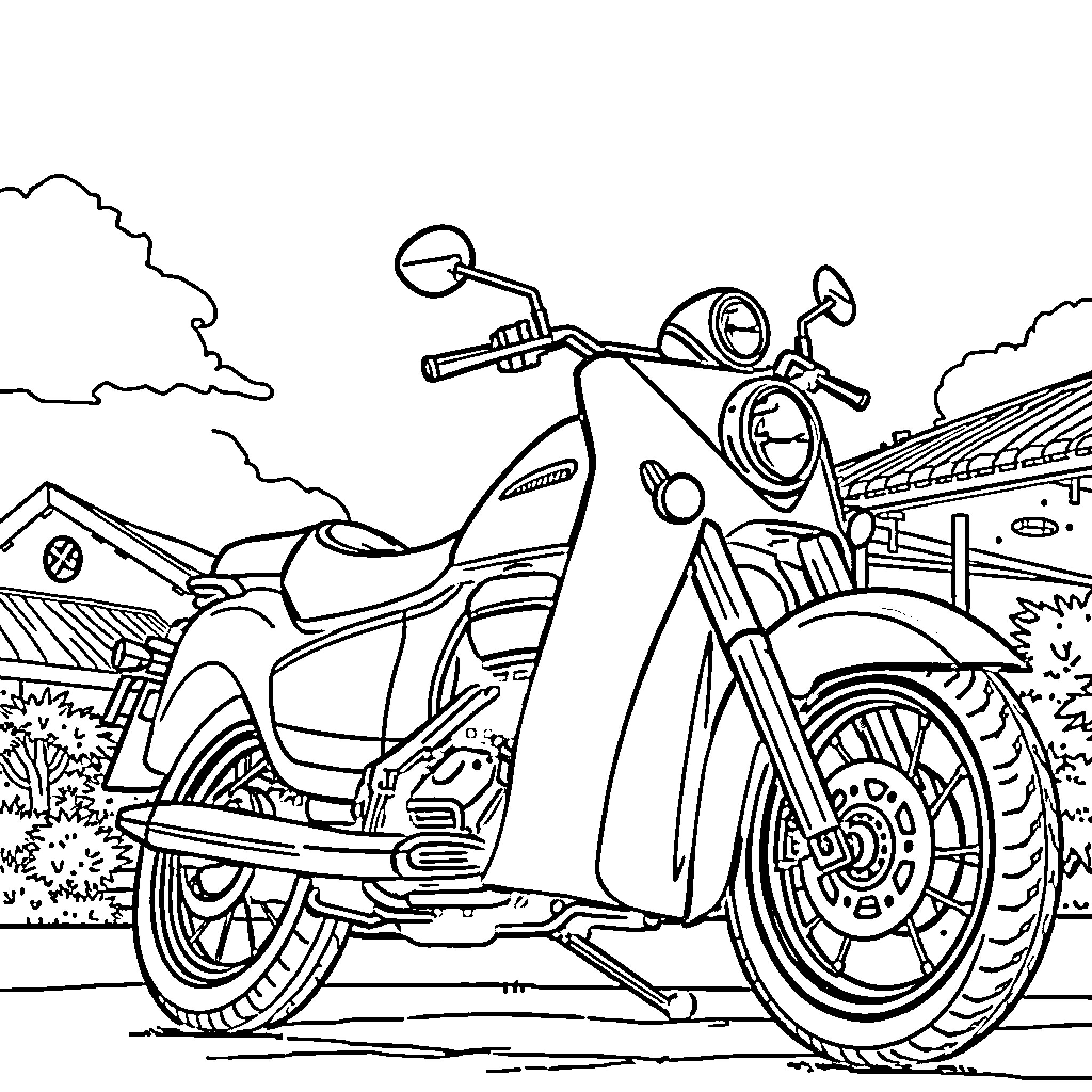 Motorbike speeding through a rural landscape Coloring Page (free black-and-white line drawing printable PDF for all, from beginners to advanced learners, including children, teens, adults, and seniors)