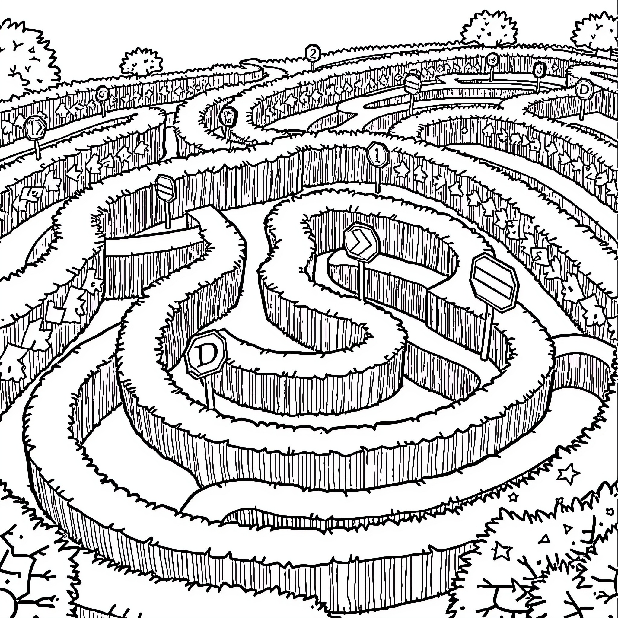 Maze of winding paths through the woods Coloring Page (free black-and-white line drawing printable PDF for all, from beginners to advanced learners, including children, teens, adults, and seniors)