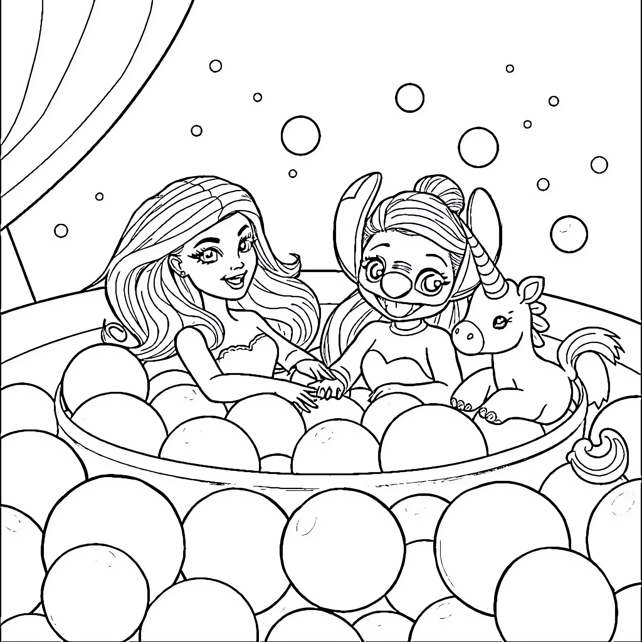 Barbie relaxing in a bubble bath with unicorn and friends Coloring Page (free black-and-white line drawing printable PDF for all, from beginners to advanced learners, including children, teens, adults, and seniors)