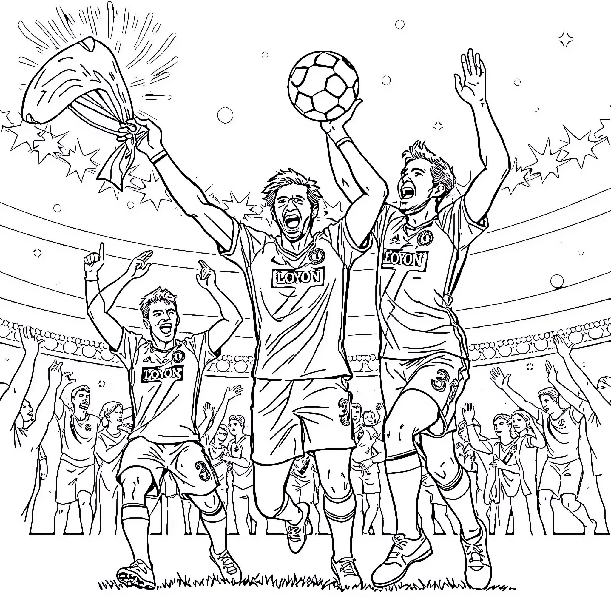 Lyon players celebrating soccer victory on field Coloring Page (free black-and-white line drawing printable PDF for all, from beginners to advanced learners, including children, teens, adults, and seniors)
