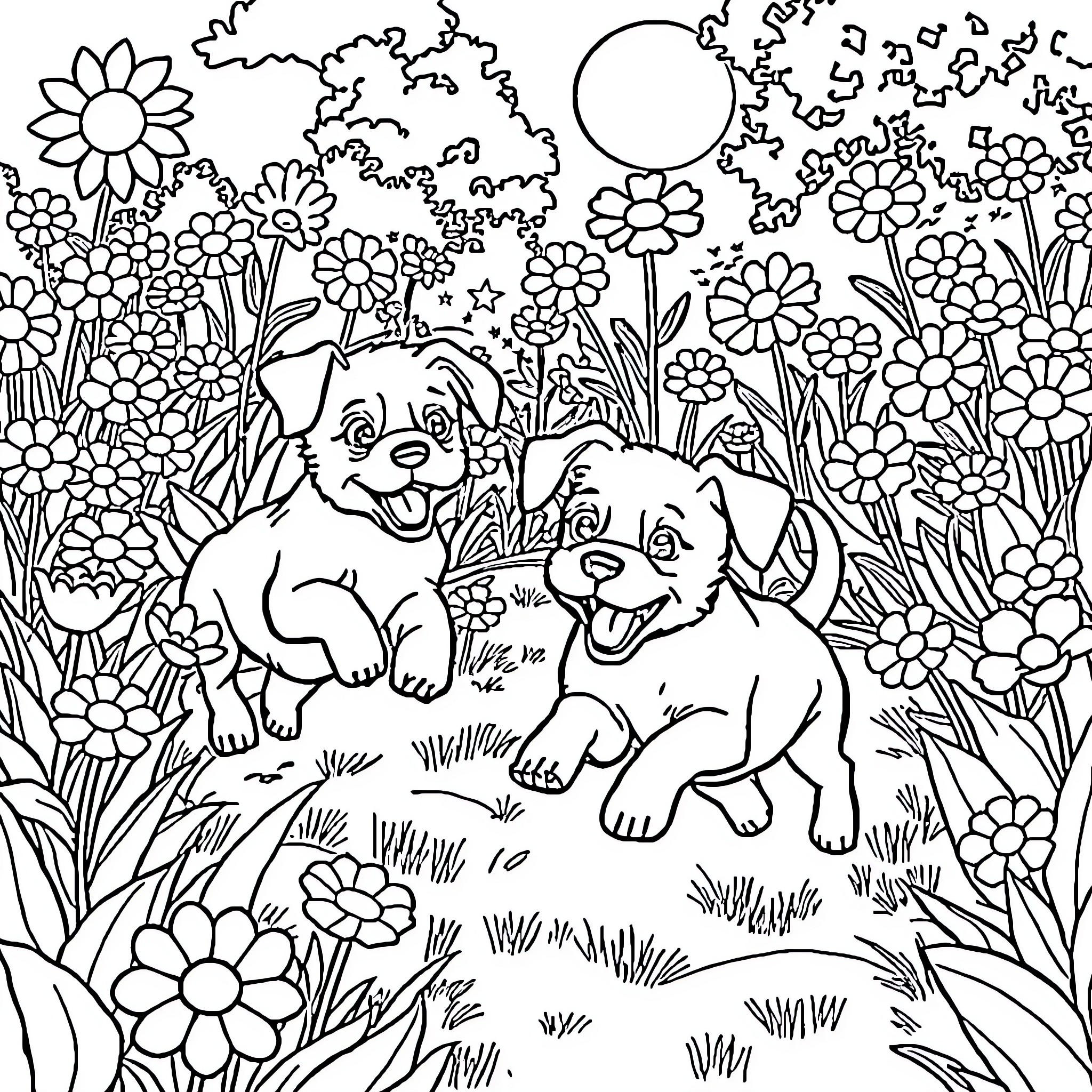 Puppies playing in a flower garden Coloring Page (free black-and-white line drawing printable PDF for all, from beginners to advanced learners, including children, teens, adults, and seniors)