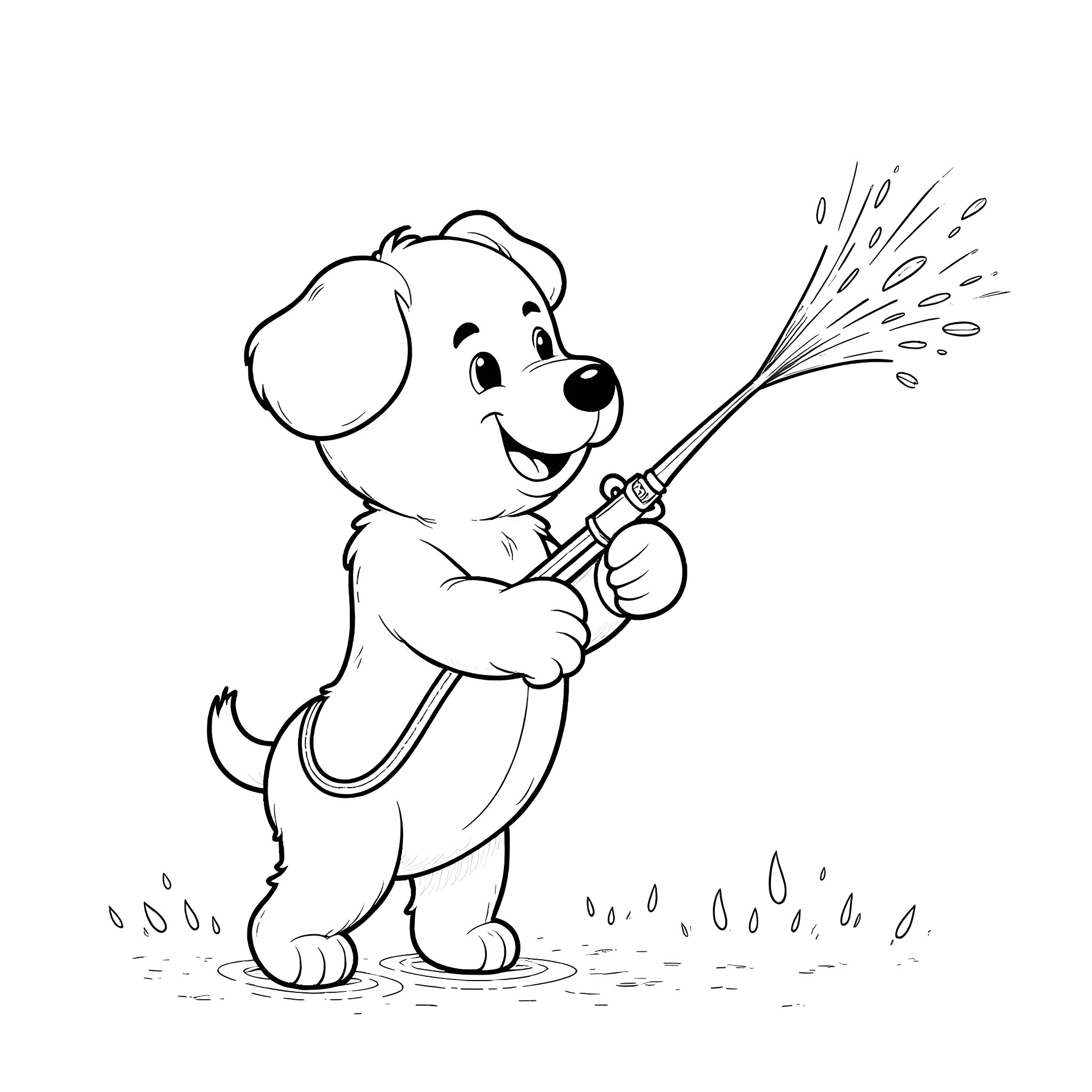 Bluey playing with a water hose Coloring Page (free black-and-white line drawing printable PDF for all, from beginners to advanced learners, including children, teens, adults, and seniors)