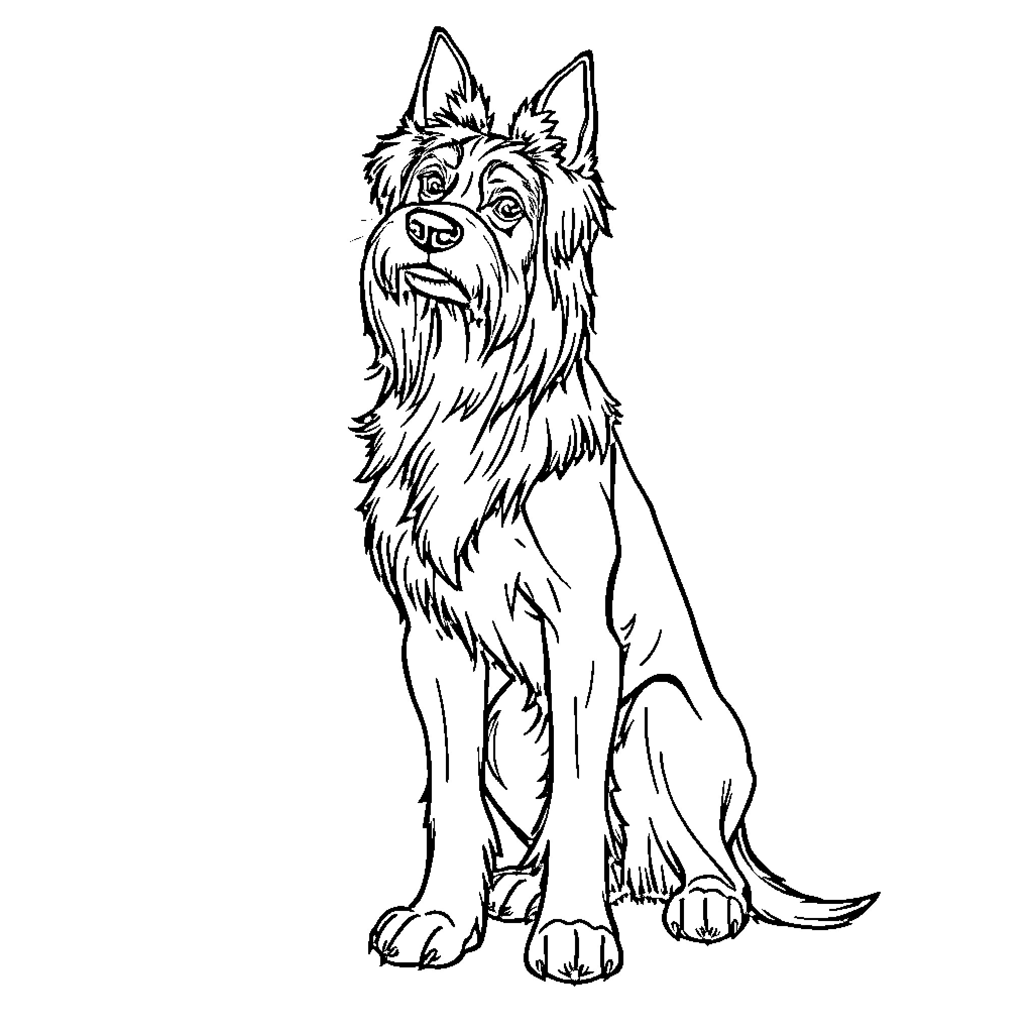 Dog sitting and gazing attentively Coloring Page (free black-and-white line drawing printable PDF for all, from beginners to advanced learners, including children, teens, adults, and seniors)
