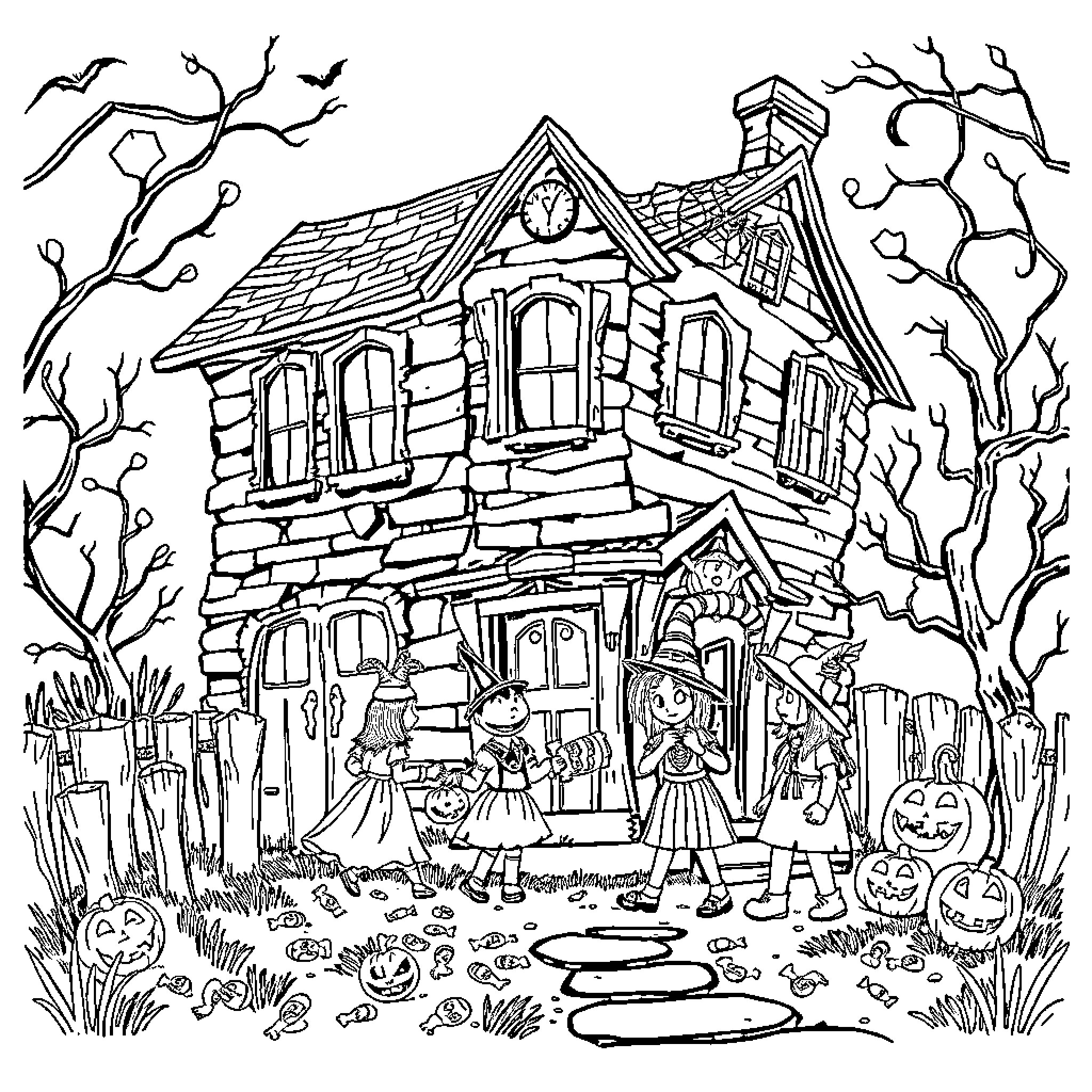 House with costumed children on Halloween night Coloring Page (free black-and-white line drawing printable PDF for all, from beginners to advanced learners, including children, teens, adults, and seniors)