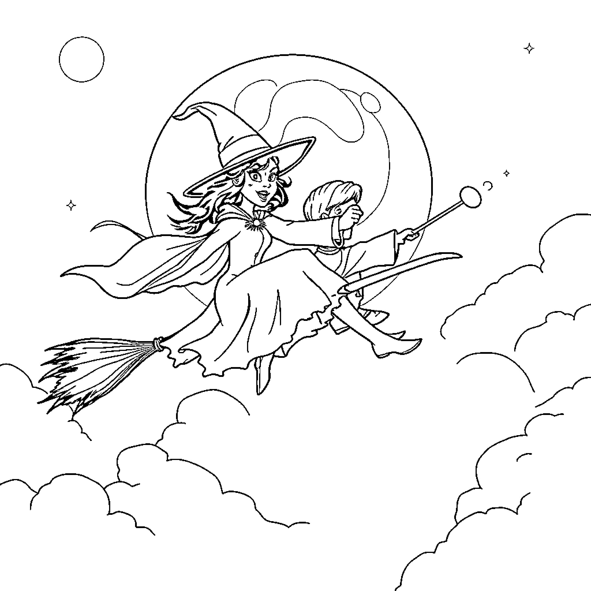 Elpheba the Witch Soaring on a Broomstick Coloring Page (free black-and-white line drawing printable PDF for all, from beginners to advanced learners, including children, teens, adults, and seniors)