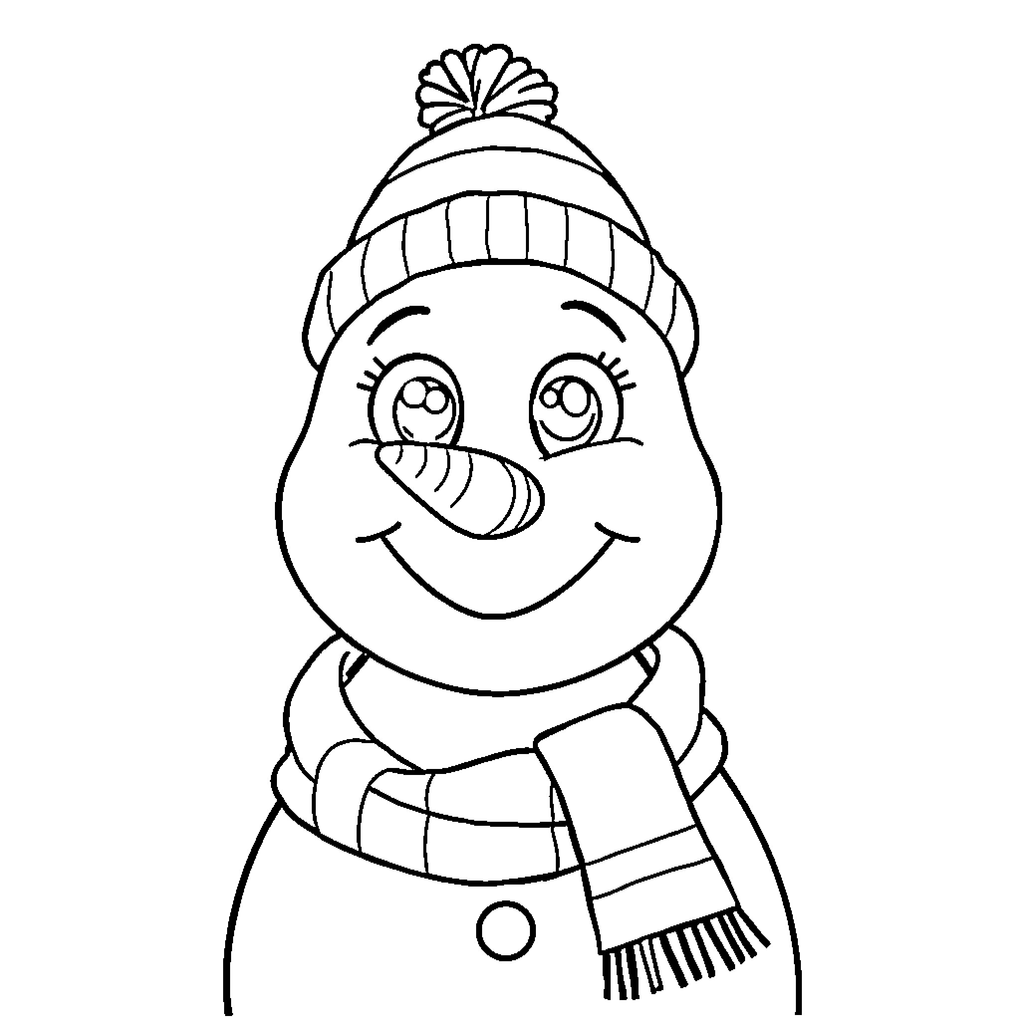 Snowman with a warm smile and winter accessories Coloring Page (free black-and-white line drawing printable PDF for all, from beginners to advanced learners, including children, teens, adults, and seniors)