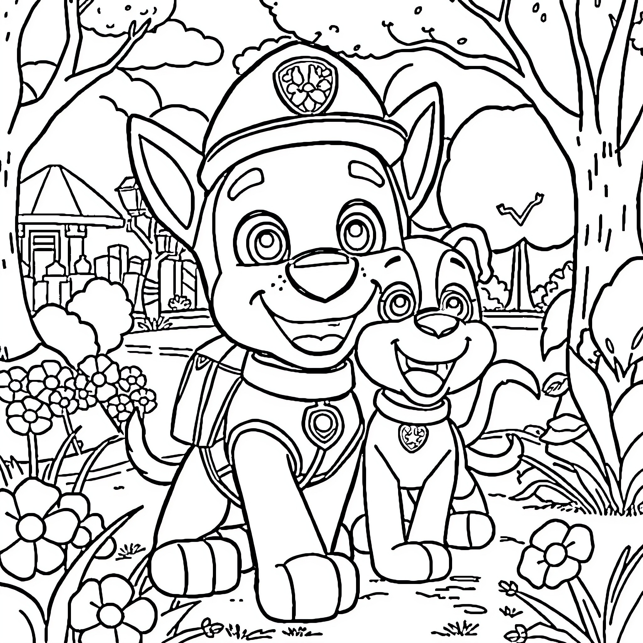 Chase through the Enchanted Forest Coloring Page (free black-and-white line drawing printable PDF for all, from beginners to advanced learners, including children, teens, adults, and seniors)