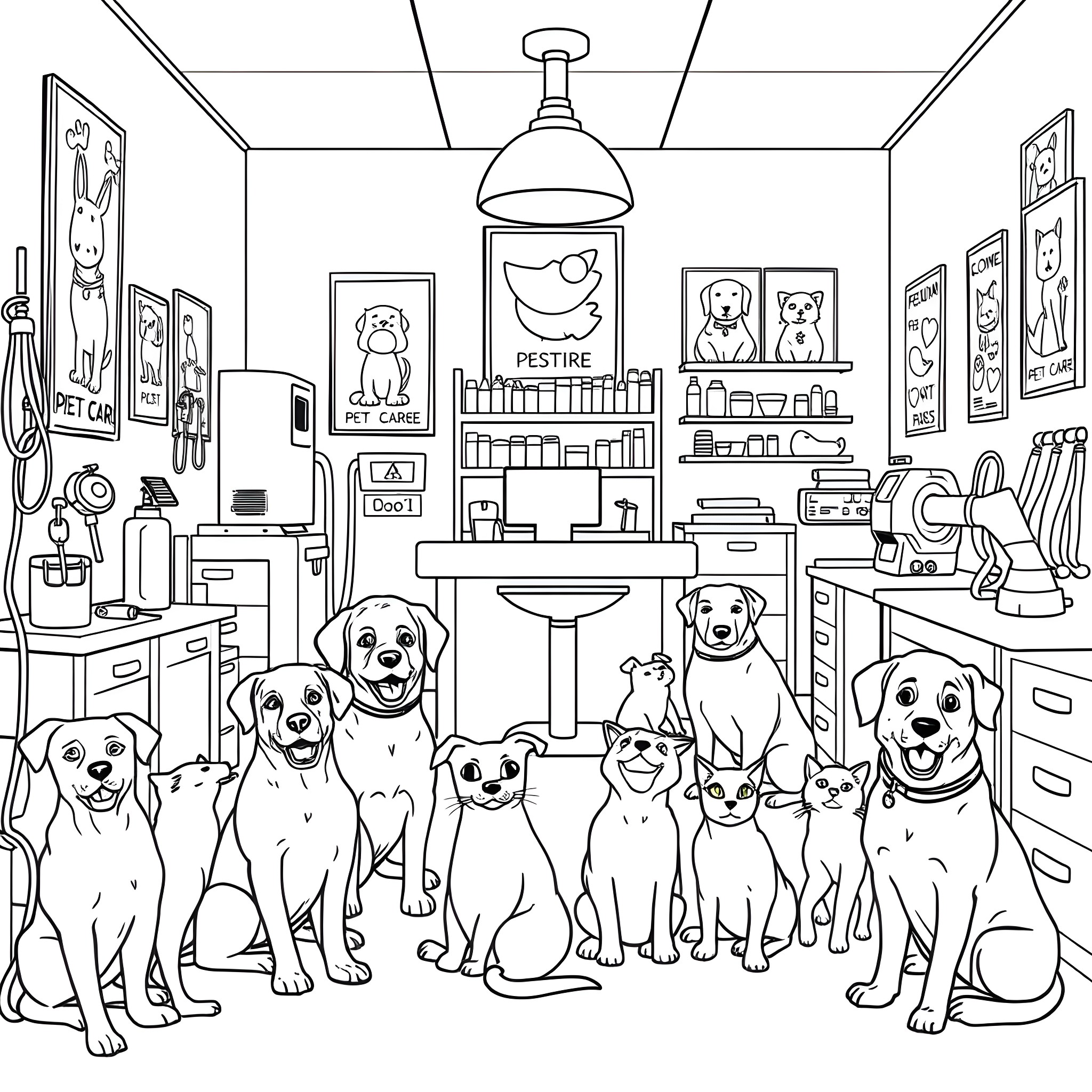 Dog and Cat Pets Posing in Pet Store Coloring Page (free black-and-white line drawing printable PDF for all, from beginners to advanced learners, including children, teens, adults, and seniors)