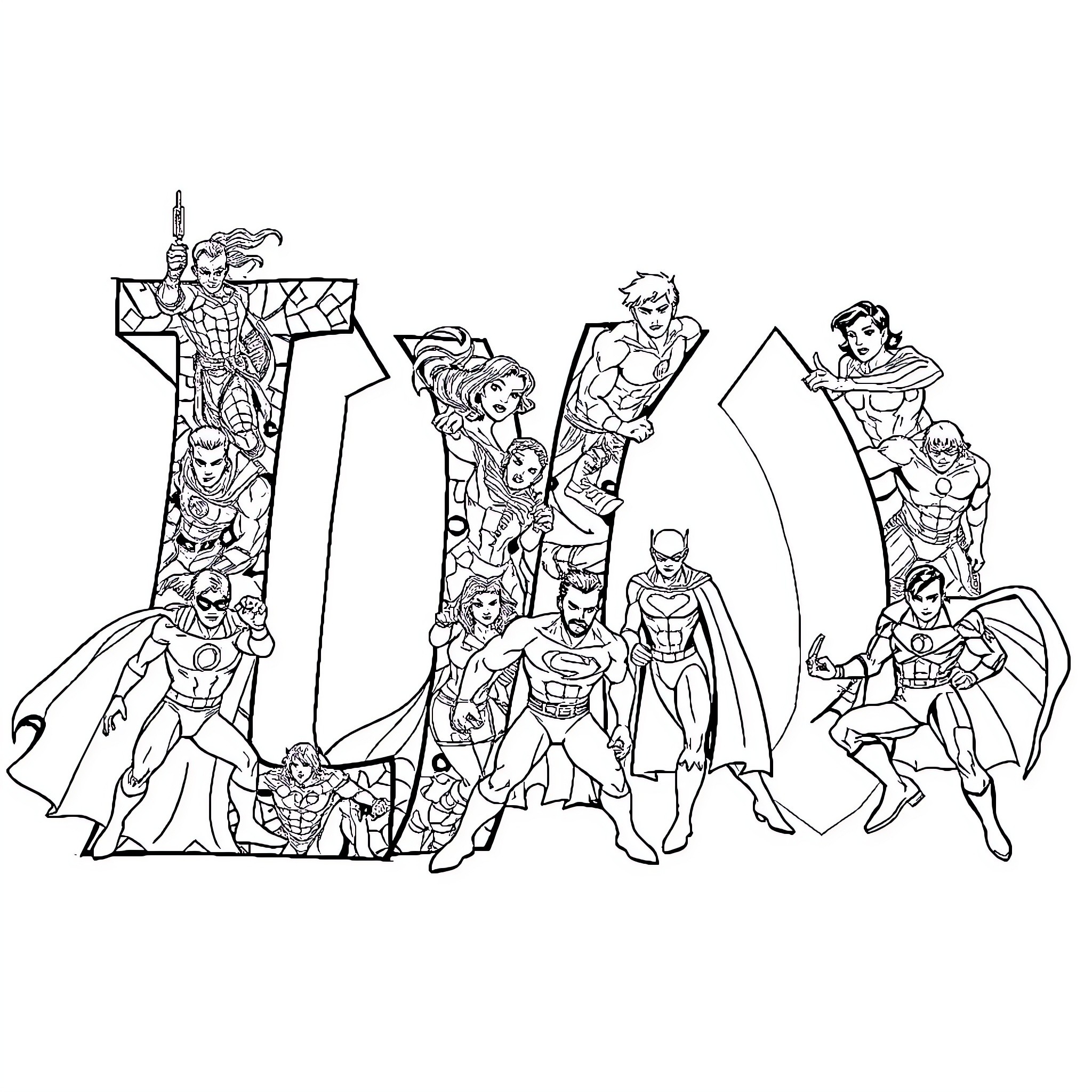 Letter I: Iconic Superheroes in Action Coloring Page (free black-and-white line drawing printable PDF for all, from beginners to advanced learners, including children, teens, adults, and seniors)