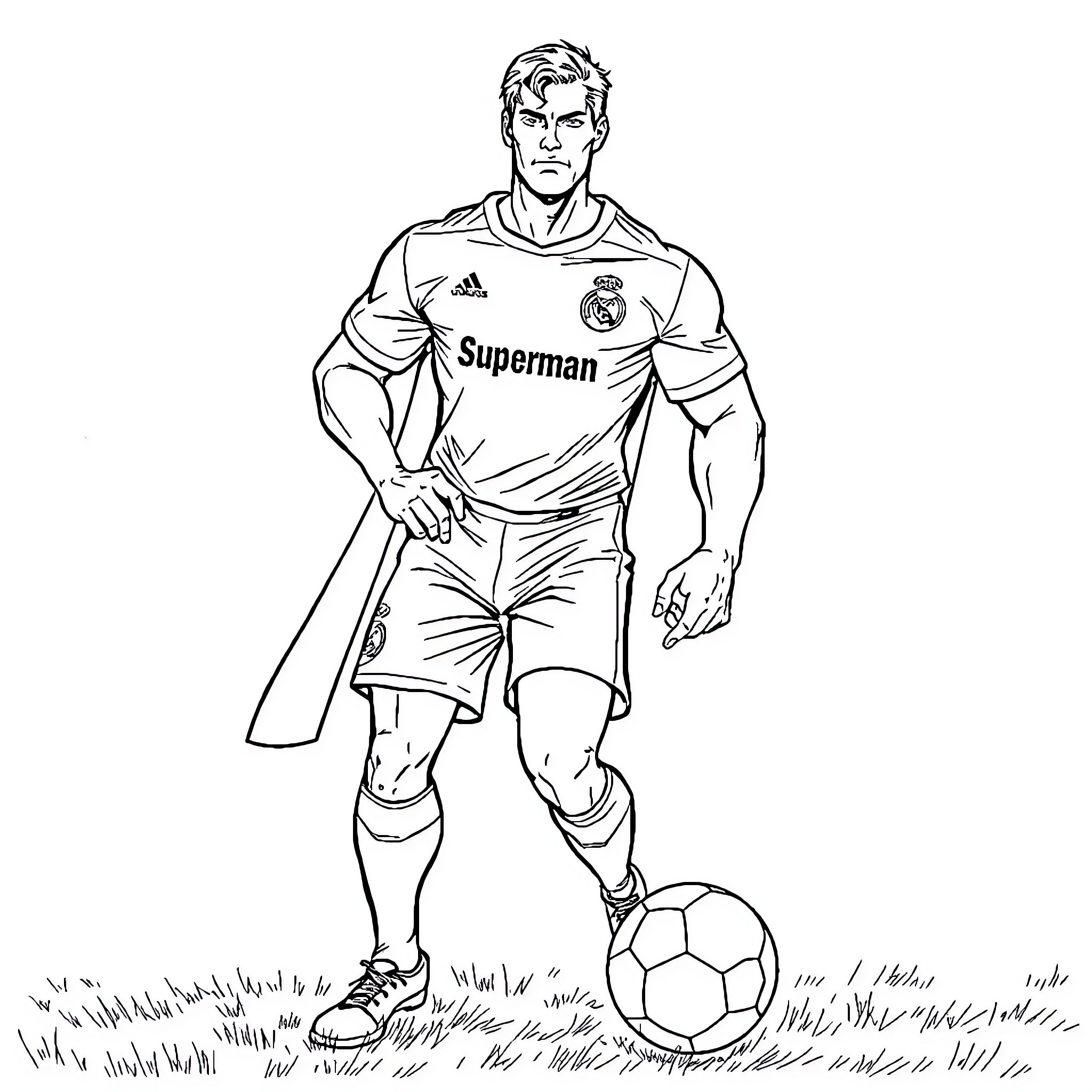 Superman playing soccer in uniform Coloring Page (free black-and-white line drawing printable PDF for all, from beginners to advanced learners, including children, teens, adults, and seniors)
